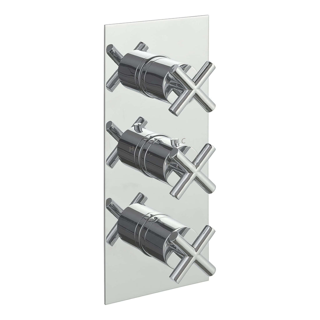 Shower valve control panel with three chrome levers and a sleek mirror finish, ideal for modern bathroom remodels and plumbing fixtures.