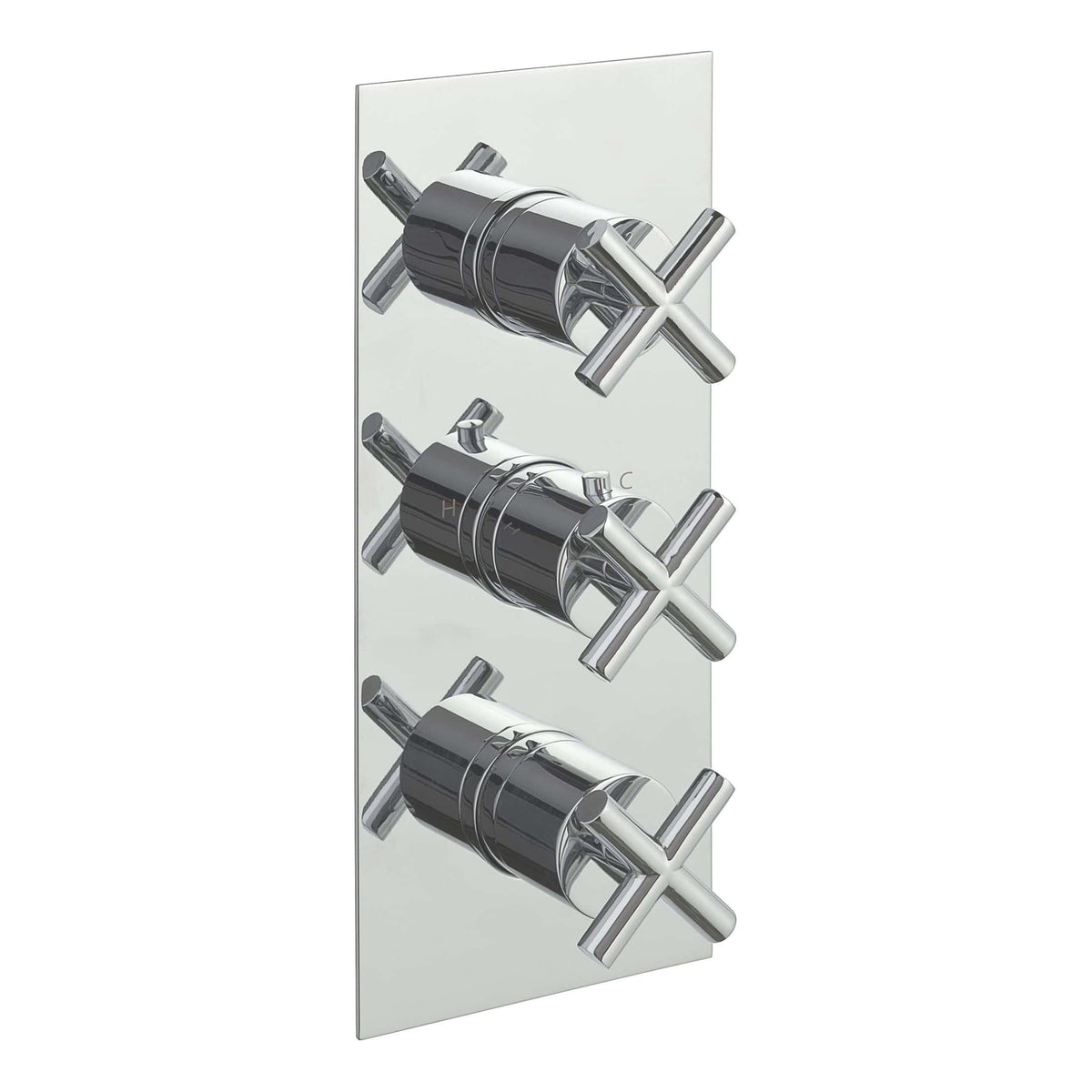 Modern triple thermostatic shower valve with chrome finish, compatible with Bubly Bathrooms plumbing systems. Ideal for customised shower controls, offering precise temperature regulation.