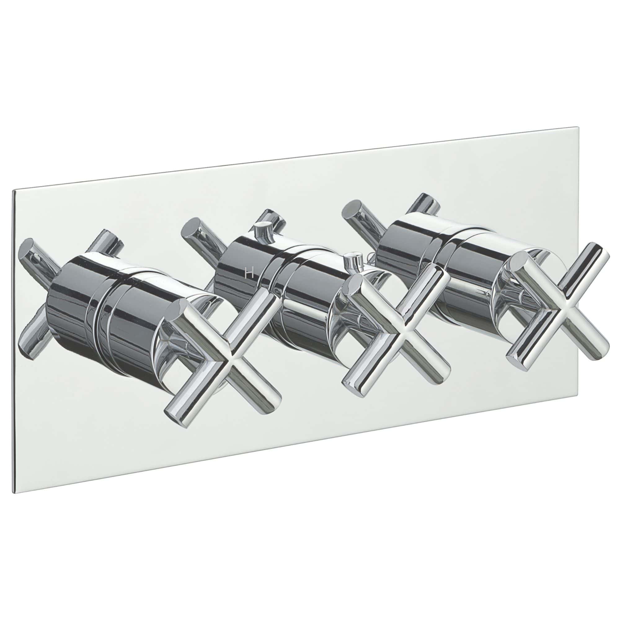 Shower valve with chrome finish and cross handles, modern bathroom fixture for precise temperature control, installed on a reflective surface.