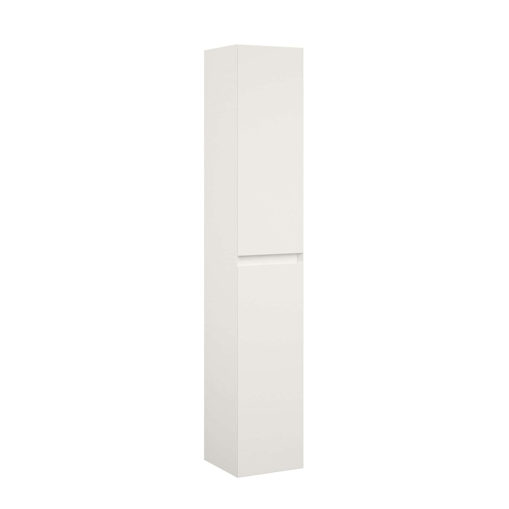 Sleek white bathroom storage cabinet with minimalist design, ideal for bathroom organisation and space-saving storage solutions. Perfect for modern bathroom interiors.