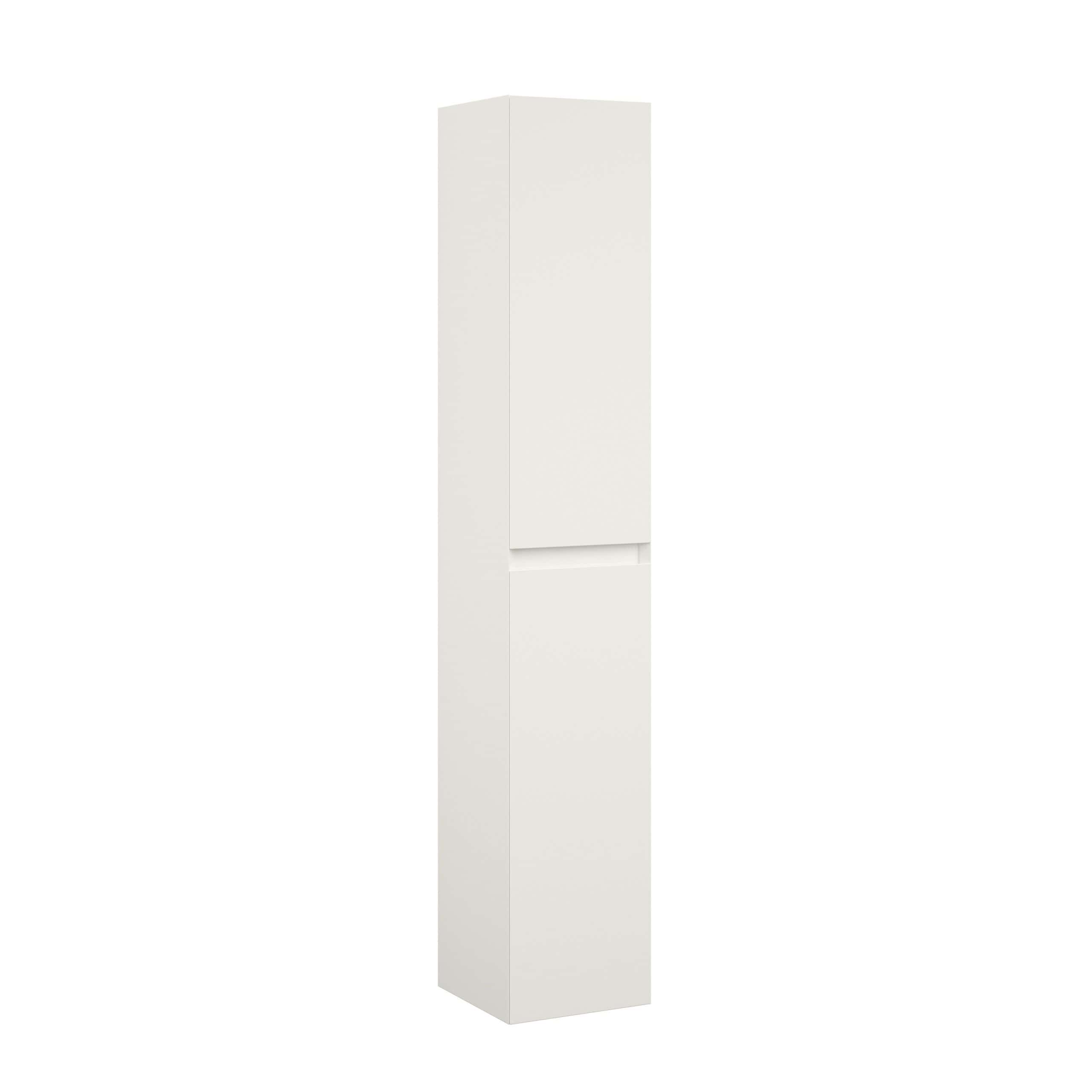 Sleek white bathroom storage cabinet with minimalist design, ideal for bathroom organisation and space-saving storage solutions. Perfect for modern bathroom interiors.