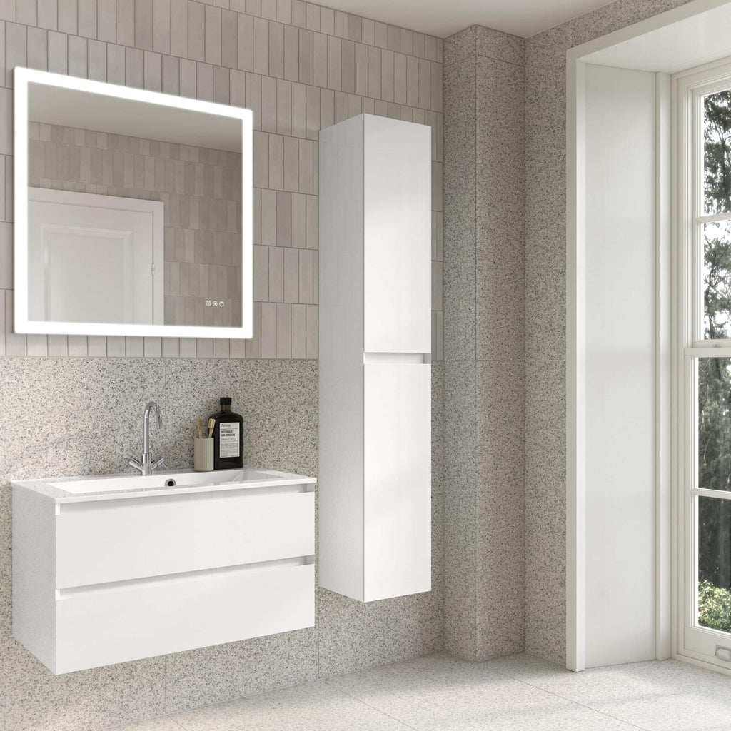 Modern white bathroom vanity unit with a sleek sink and mirror, featuring contemporary bathroom cabinets for storage, designed for stylish Bubly Bathrooms.