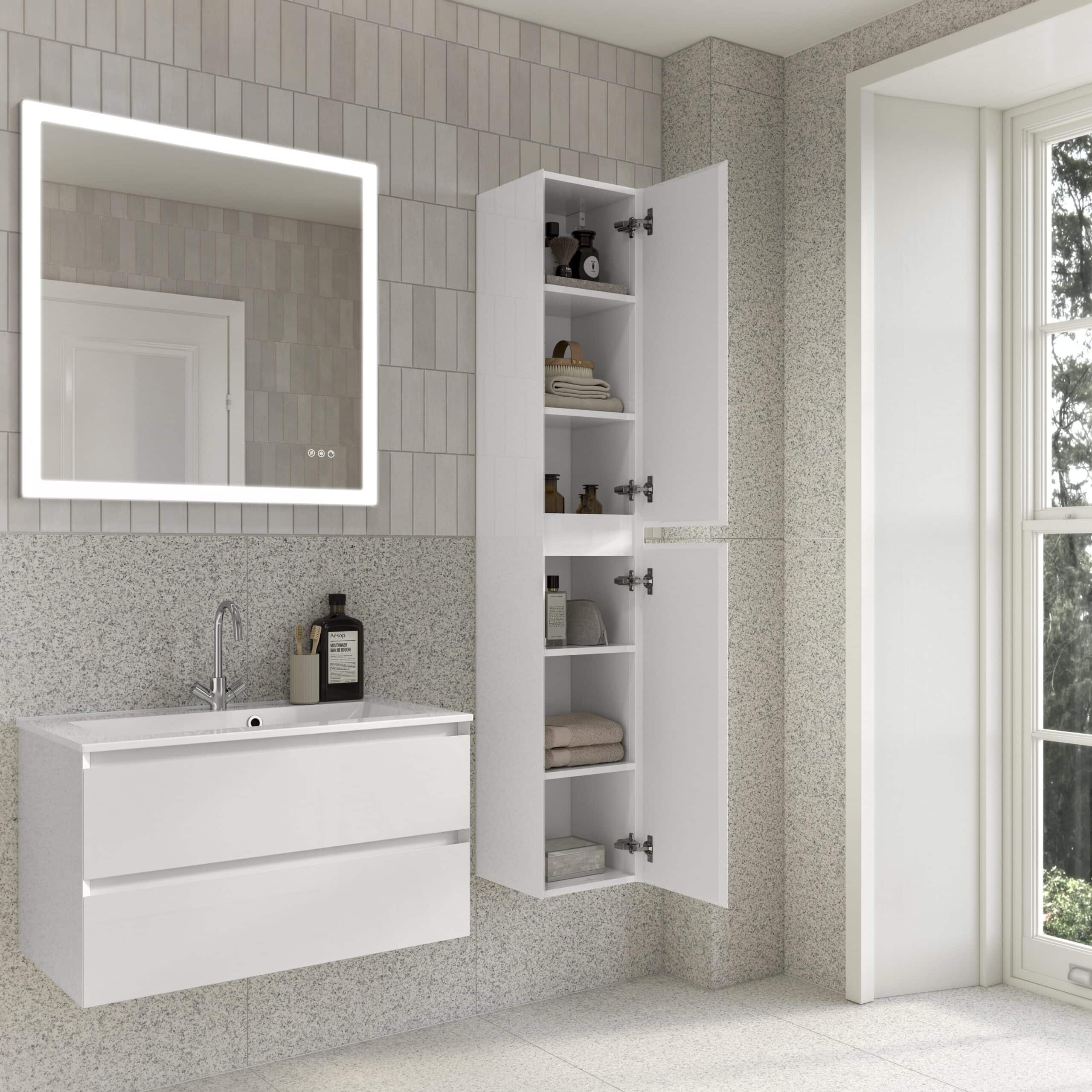 Contemporary white bathroom vanity with drawer storage, wall-mounted cabinet with open shelves, modern sink, and large window in a sleek, minimalist bathroom design.