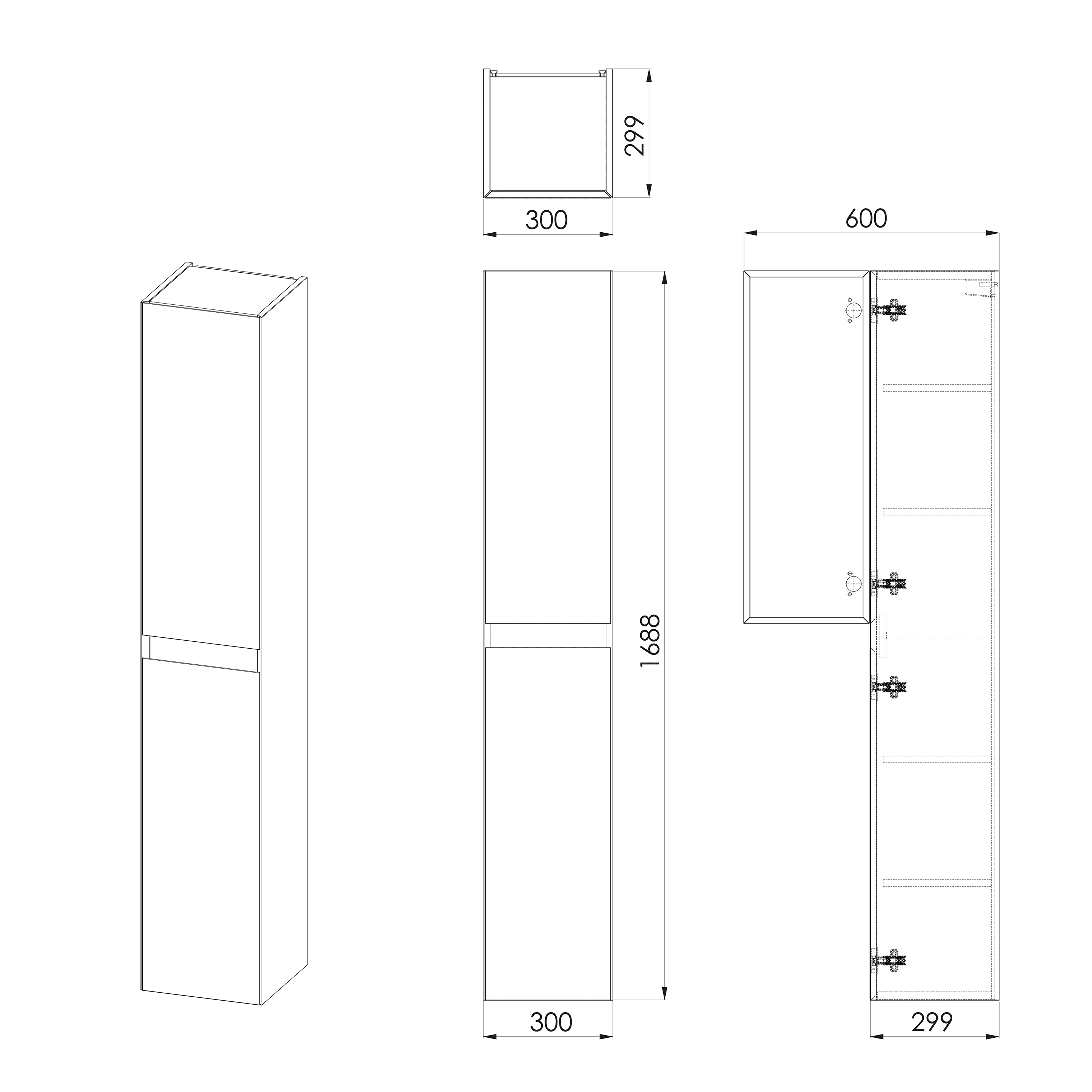 Modern bathroom cabinet with sleek design, measuring 600mm wide, 1688mm high, perfect for bathroom storage and organisation. Crafted for style and functionality in contemporary bathrooms.