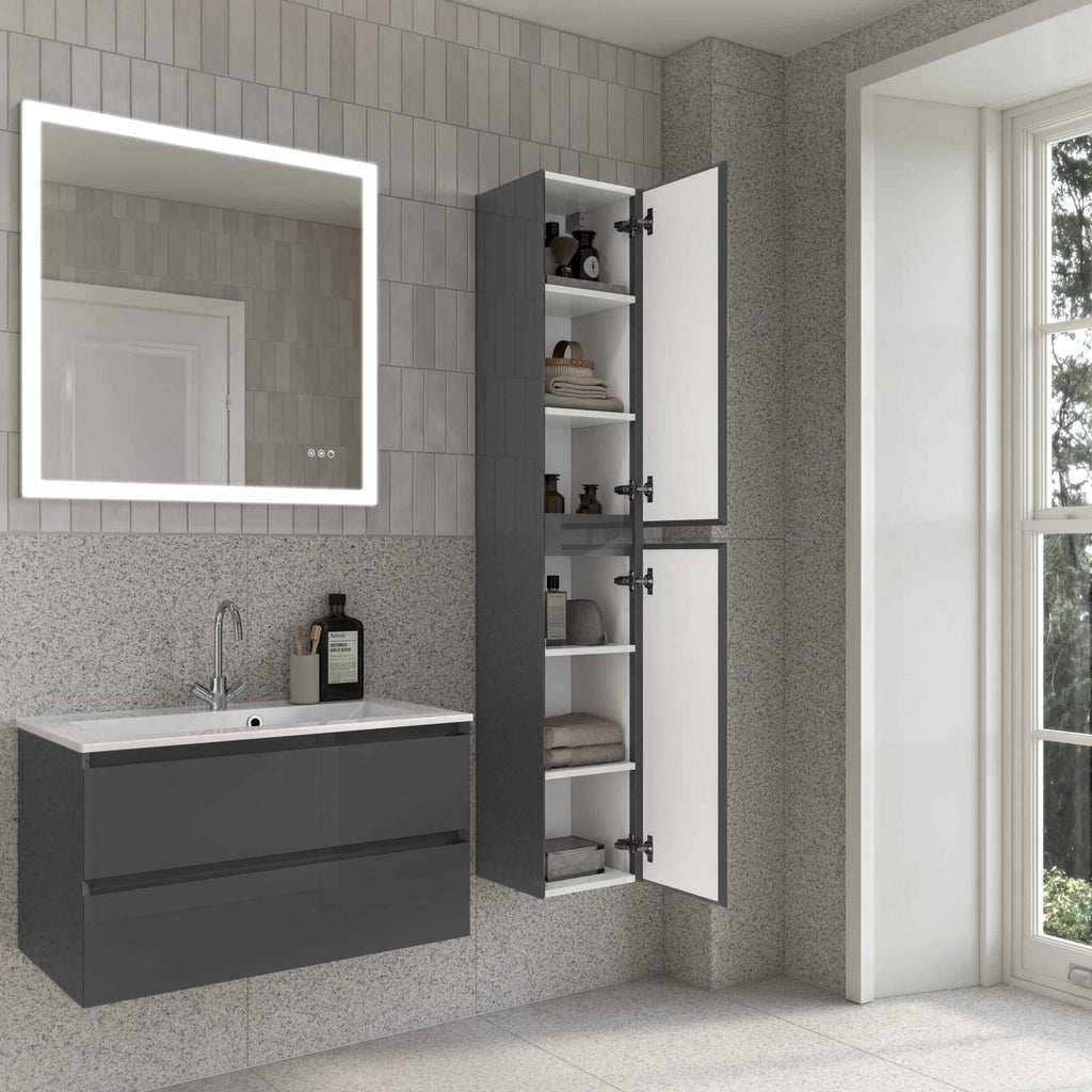 Modern grey bathroom vanity unit with integrated sink and sleek storage cabinet, featuring interior shelves for toiletries and towels, in a bright bathroom with natural light from large windows.