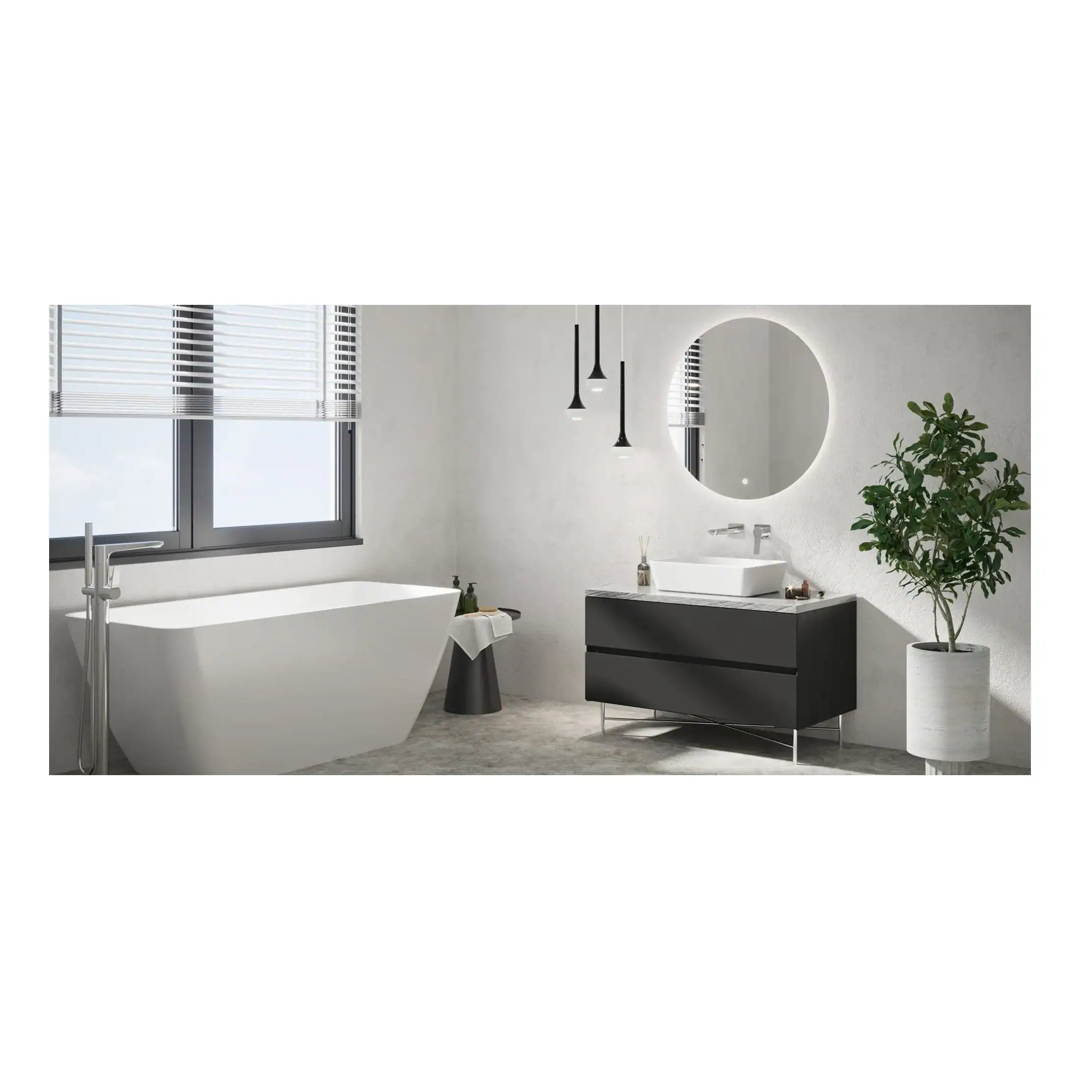 Sleek modern bathroom with freestanding bathtub, minimalist black vanity, round mirror, and green potted plant, featuring contemporary lighting and white textured walls for a stylish, serene space.