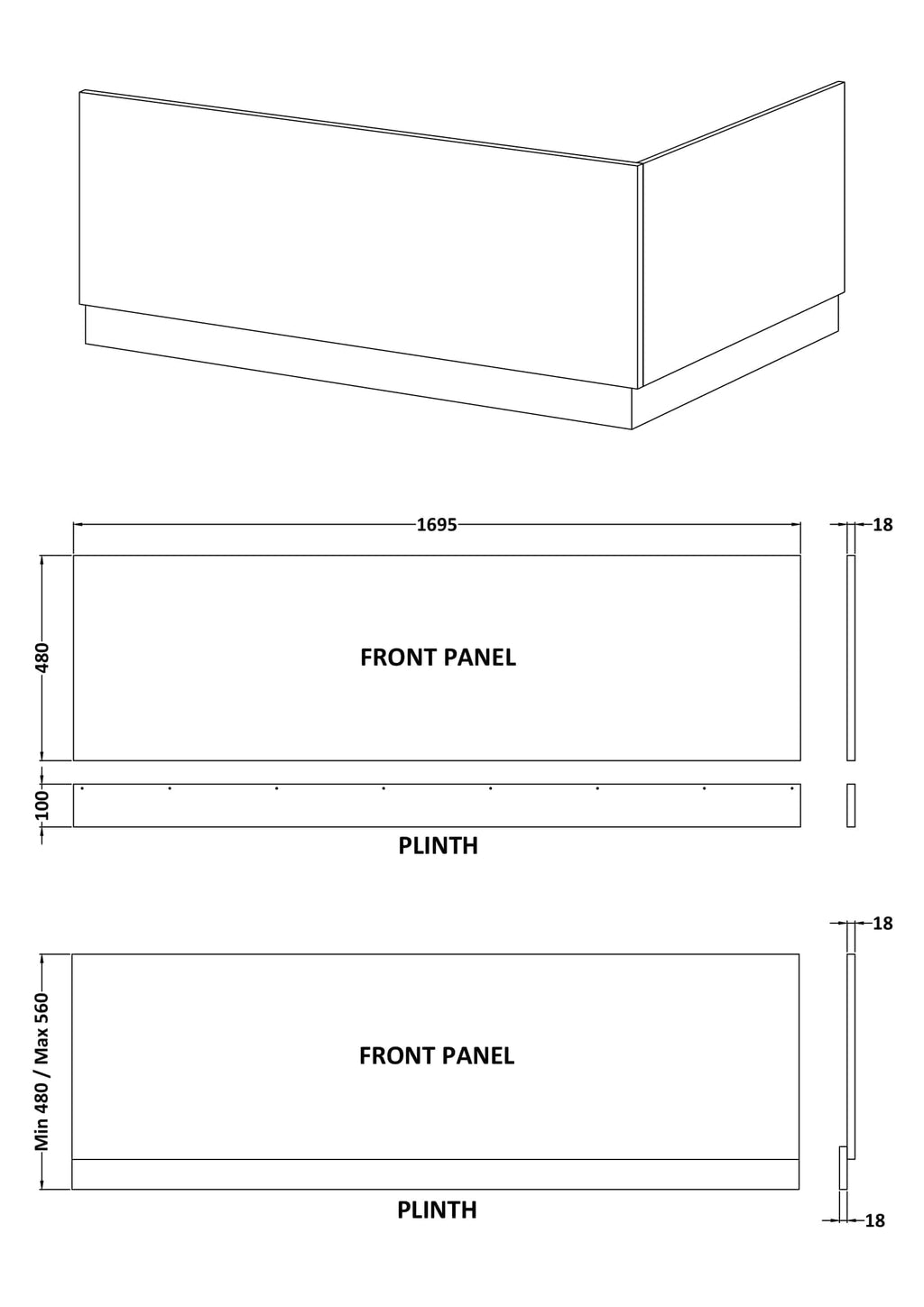Solid bathroom cabinet with detailed measurements, ideal for modern bathroom installations, showcasing customisable front panels and plinths for a sleek, contemporary look.