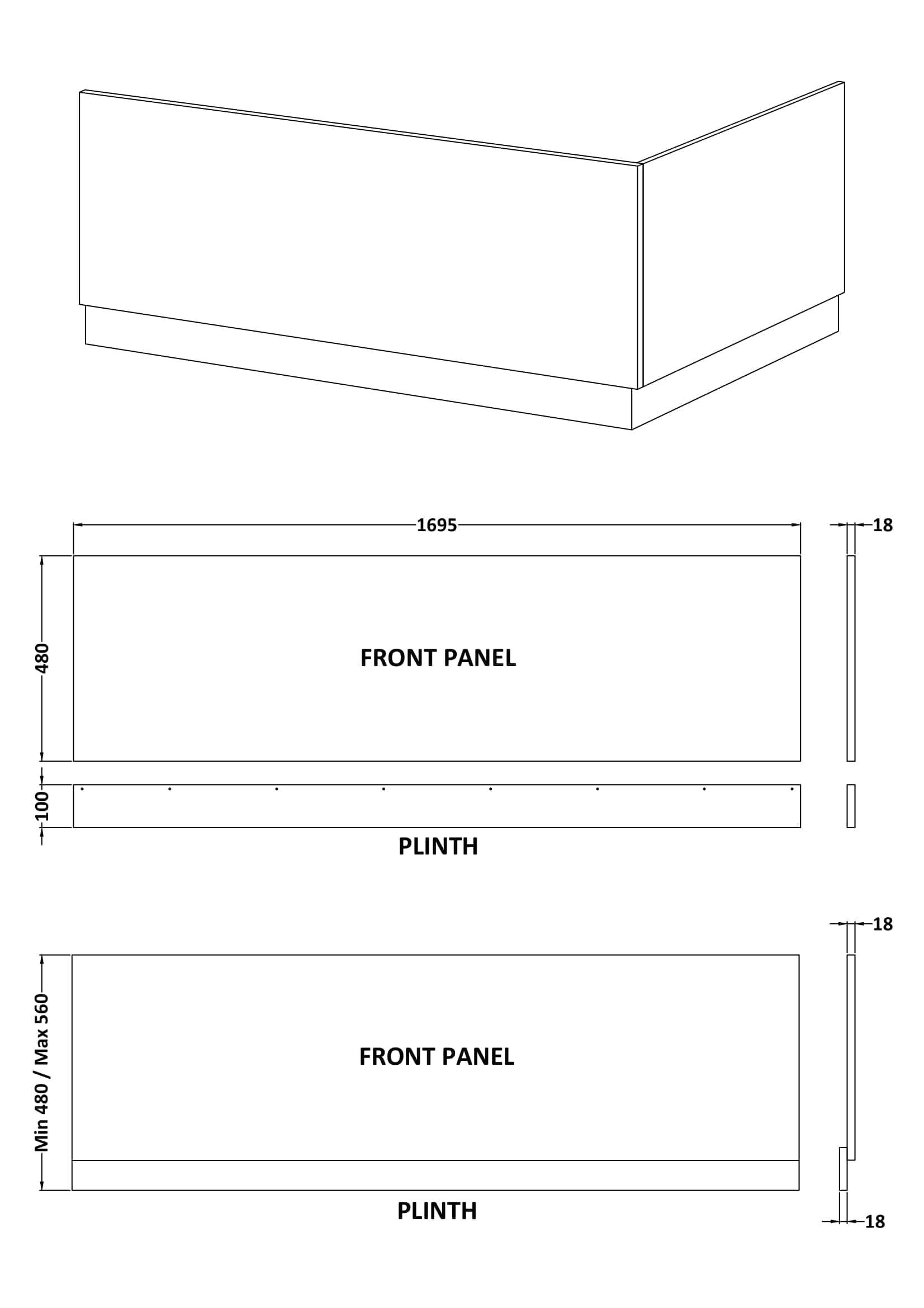 Solid bathroom cabinet with detailed measurements, ideal for modern bathroom installations, showcasing customisable front panels and plinths for a sleek, contemporary look.