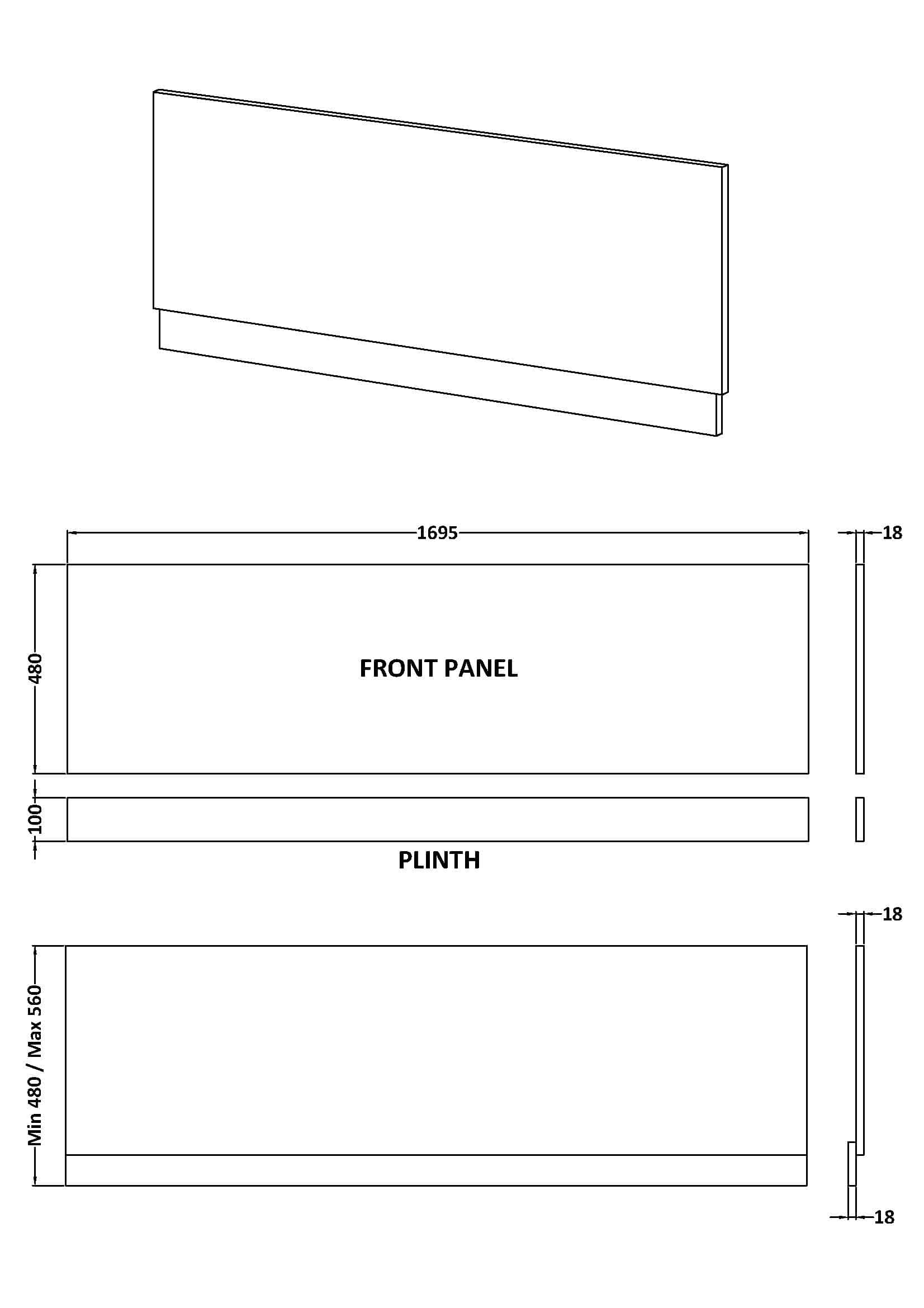 Modern bathroom front panel with detailed dimensions and technical specifications for custom bath installation.