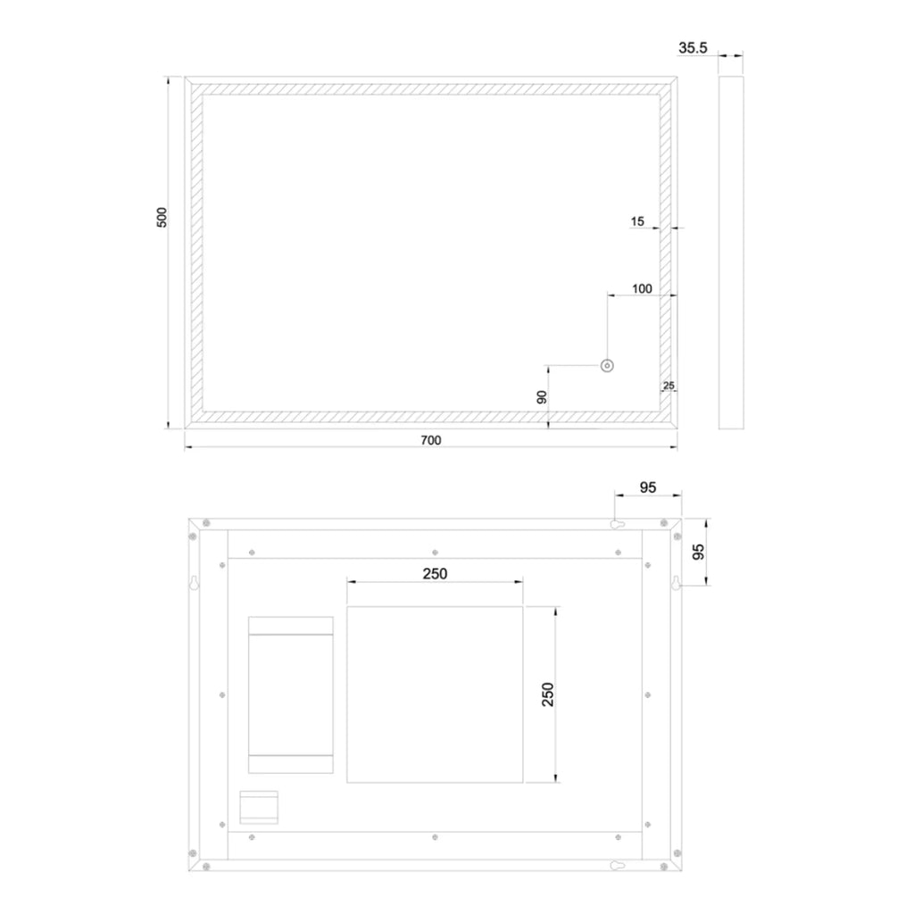 Bathroom shower enclosure technical drawing with precise dimensions for installation, showcasing modern bathroom design and waterproofing features.