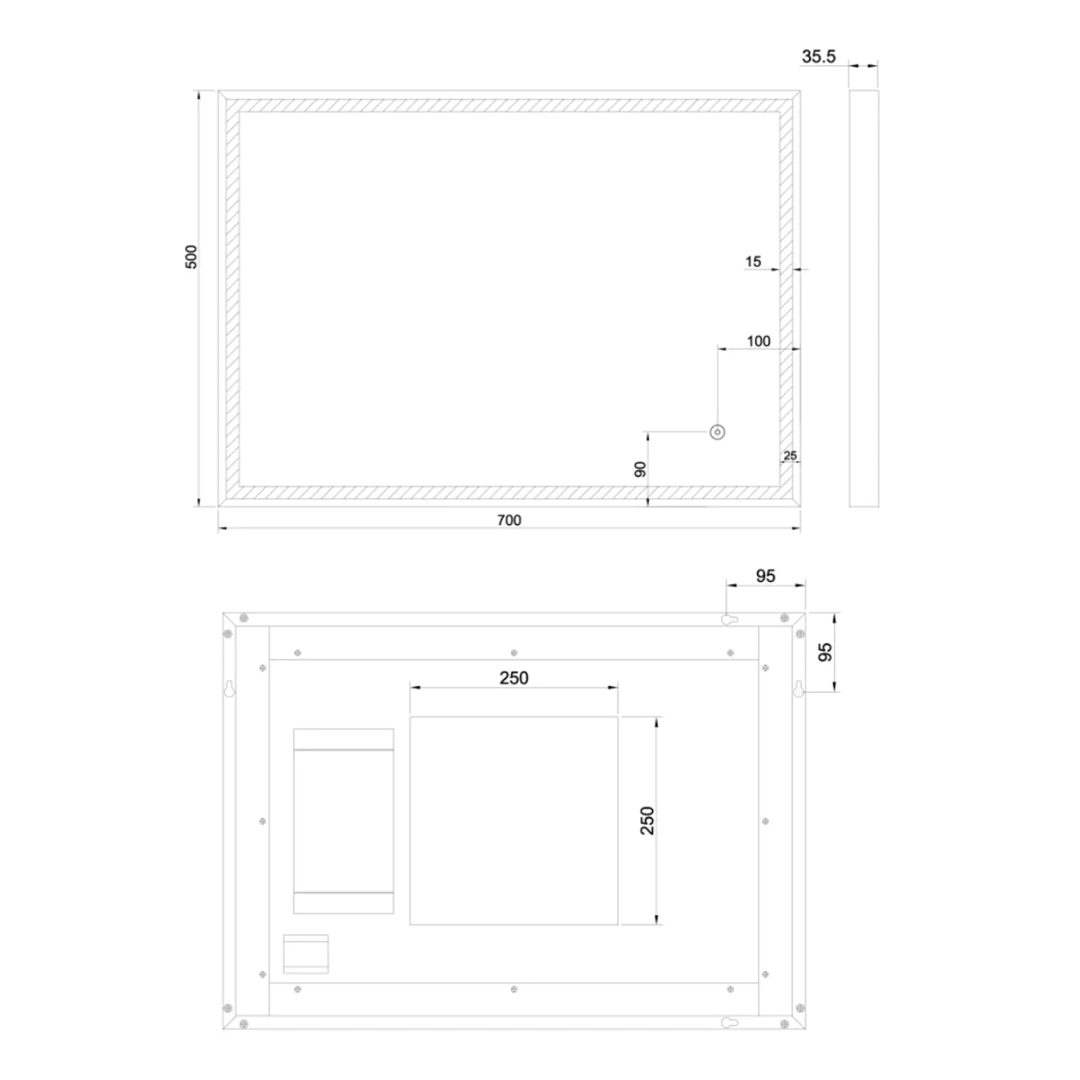 Bathroom shower enclosure technical drawing with precise dimensions for installation, showcasing modern bathroom design and waterproofing features.