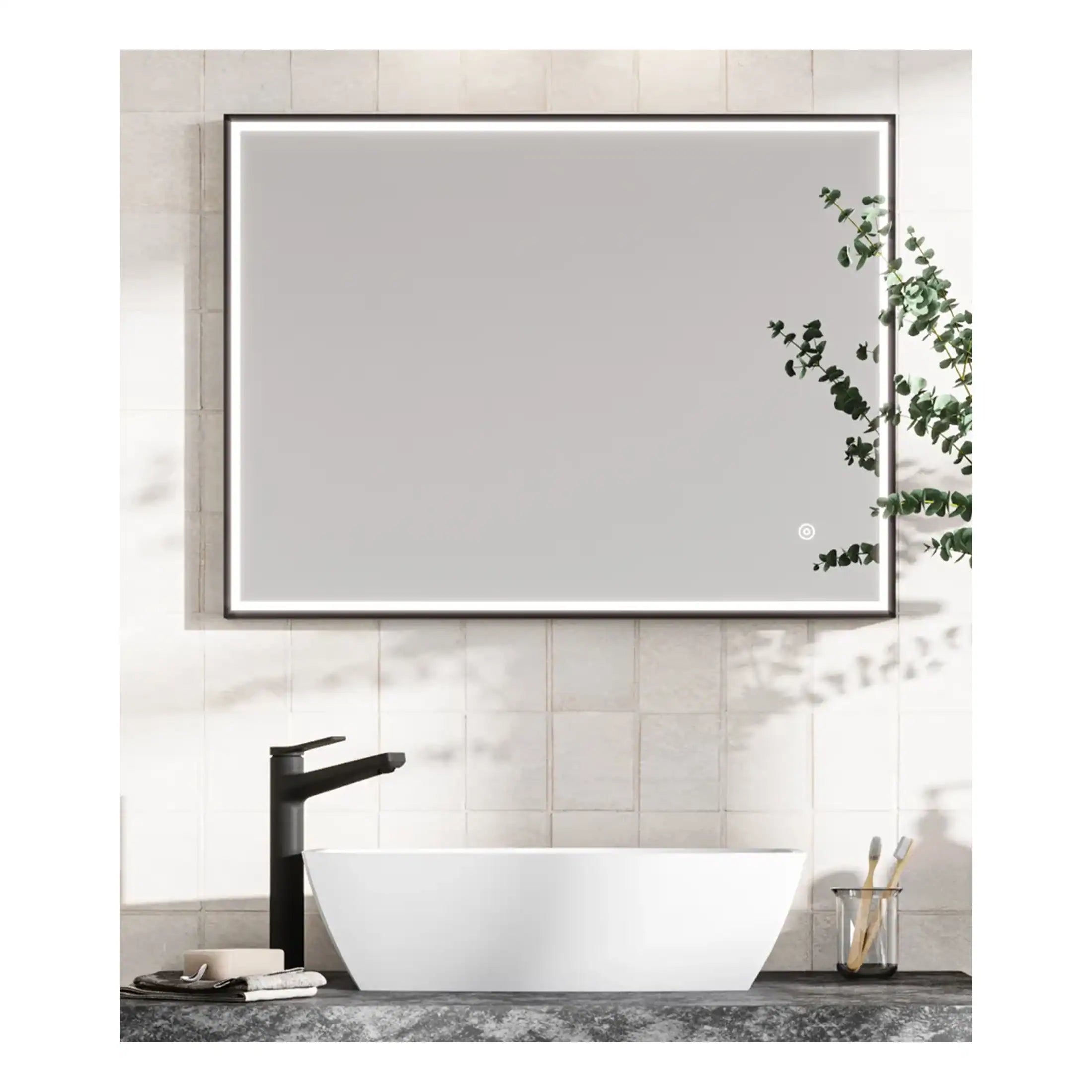 Sleek modern bathroom with a minimalist white bathtub, black faucet, large illuminated mirror, beige tiled walls, and natural plant decoration, showcasing contemporary bathroom design and bathroom furniture.