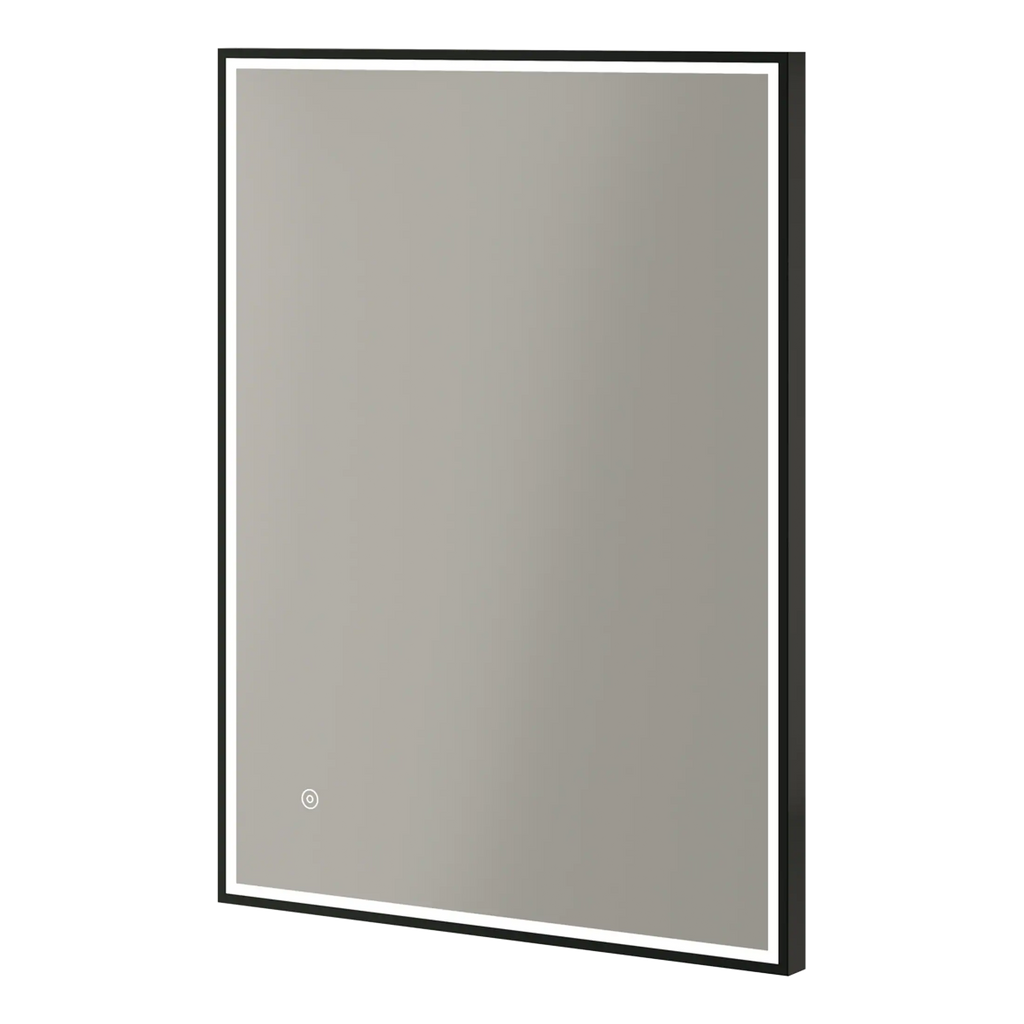 Reflective bathroom mirror with sleek black and silver frame, ideal for modern bathroom decor, providing a stylish and functional addition to Bubly Bathrooms.