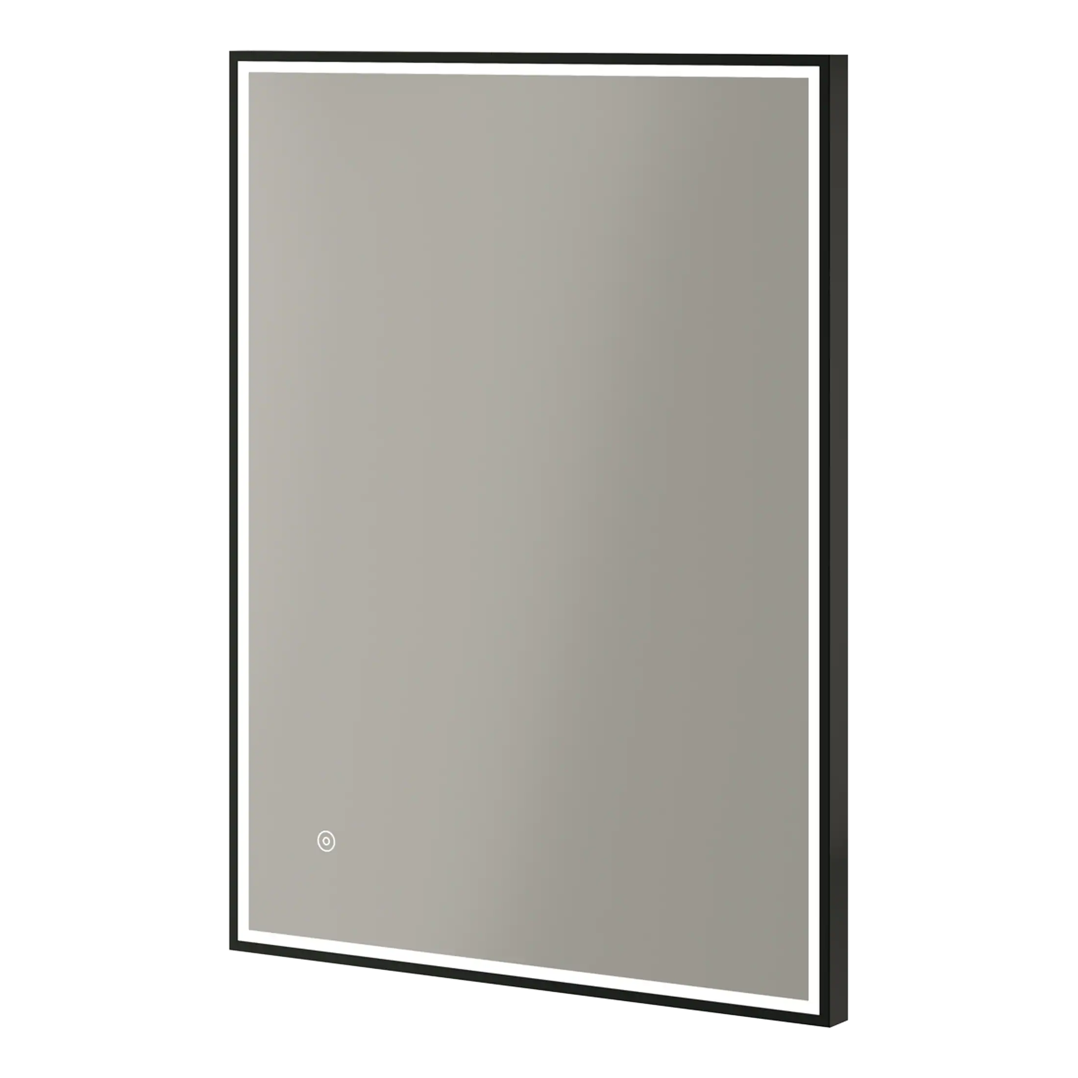 Reflective bathroom mirror with sleek black and silver frame, ideal for modern bathroom decor, providing a stylish and functional addition to Bubly Bathrooms.