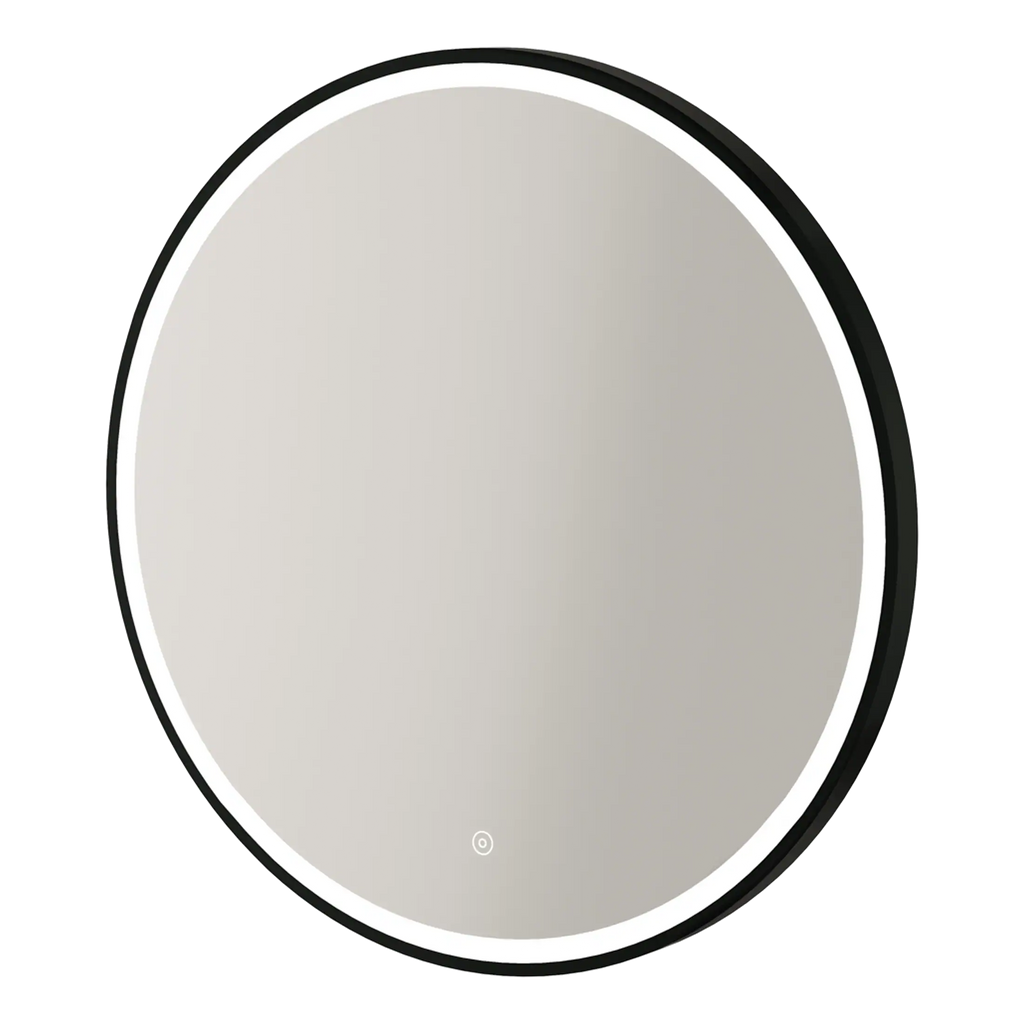 Sleek round wall mirror with illuminated LED border, perfect for modern bathroom décor and enhancing space with a stylish, functional design.
