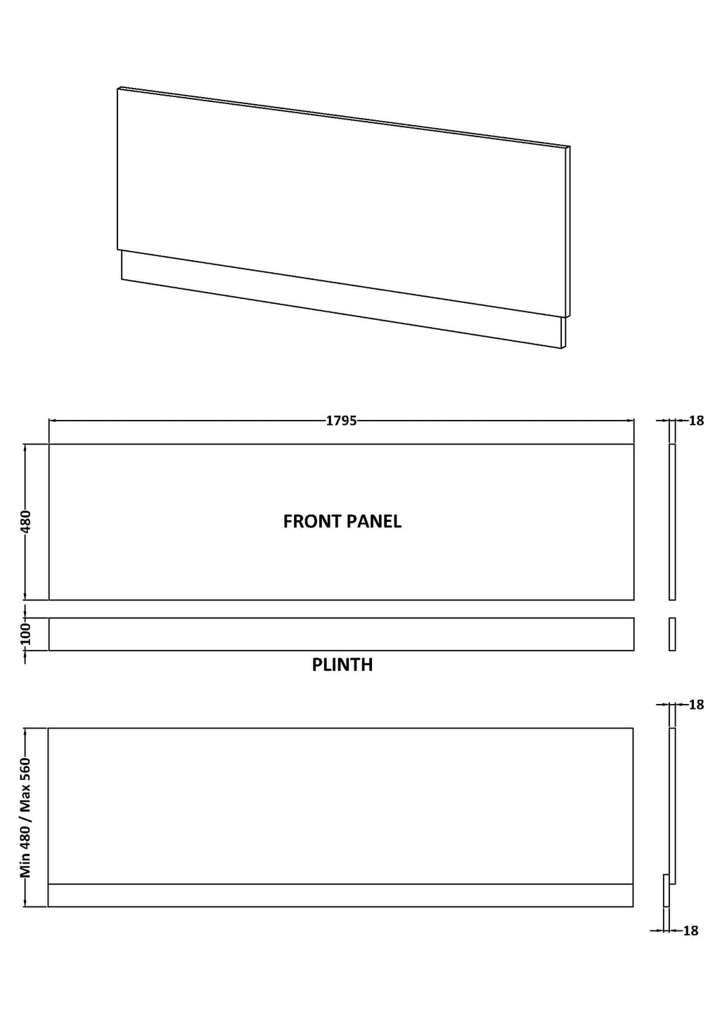 Modern bathroom vanity front panel with precise measurements for custom bathroom cabinetry installation. Designed for durable and stylish bathroom interiors.