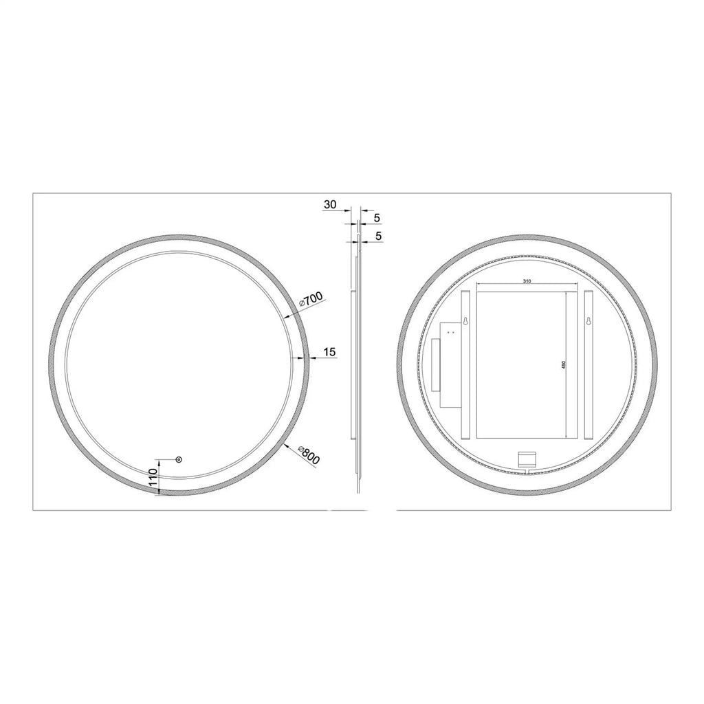 Round bathroom shower enclosure technical drawing with precise measurements and installation dimensions. Ideal for modern bathroom renovation and waterproofing.