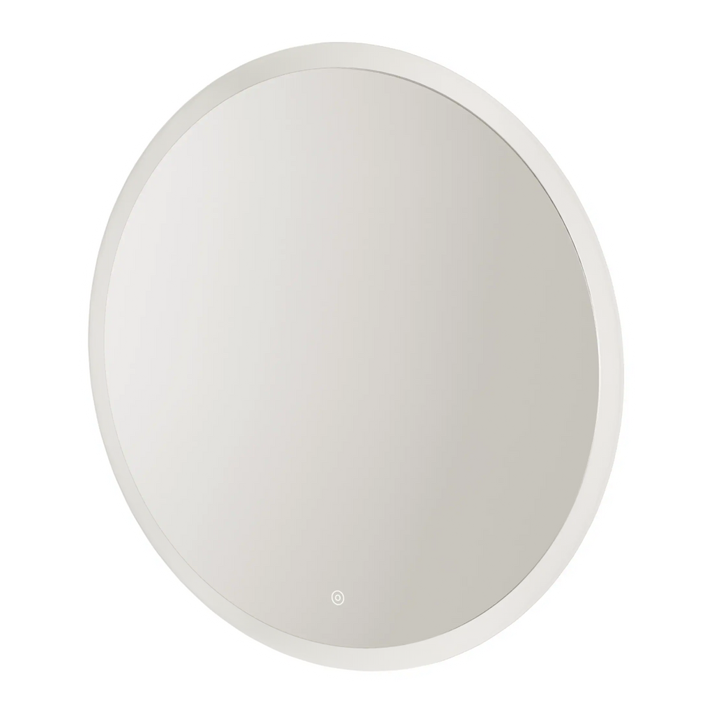 Sleek round mirror with LED backlighting, ideal for modern bathrooms, offering stylish decor and functional lighting for bubbles, showers, and vanity areas. Perfect for contemporary bathroom designs.