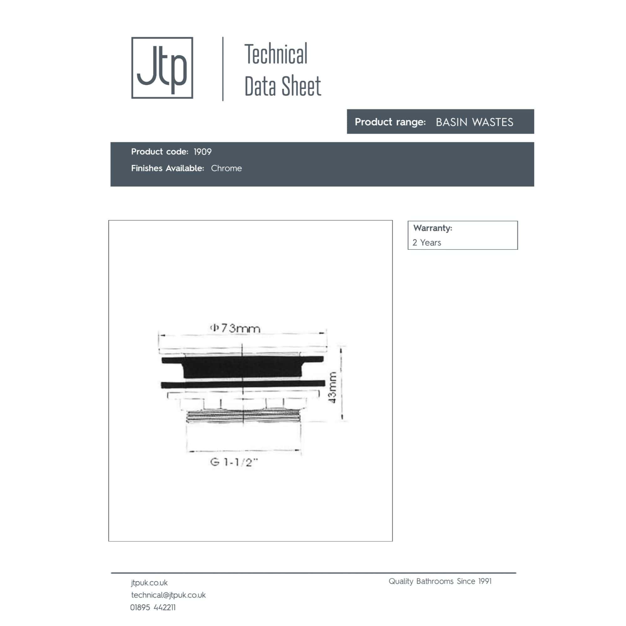 High-quality image of a chrome basin waste fitting with detailed dimensions and technical specifications for bathroom installation. Suitable for modern bathroom renovations.