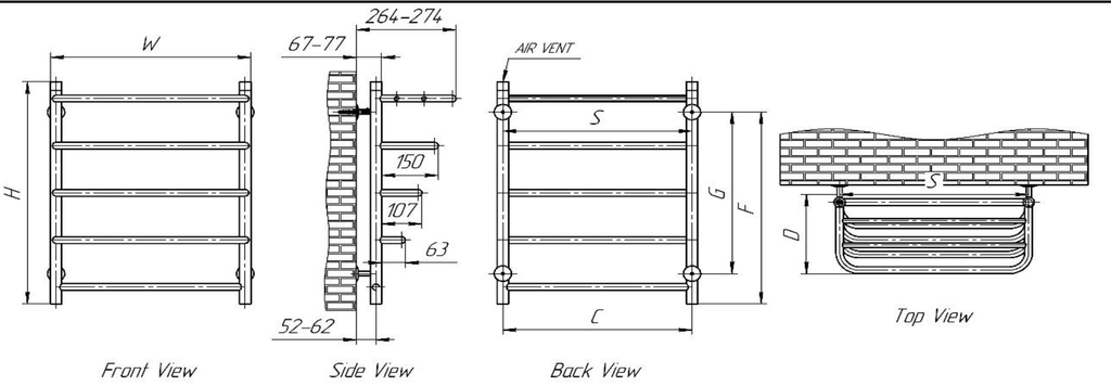 Reina Elvo Polished Stainless Steel Heated Towel Rail - technical drawing with dimensions