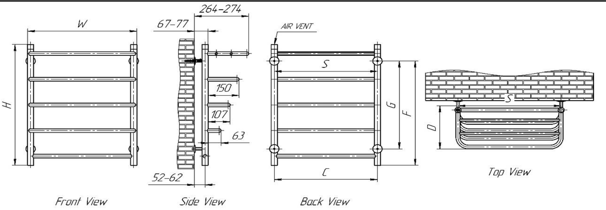 Reina Elvo Polished Stainless Steel Heated Towel Rail - technical drawing with dimensions