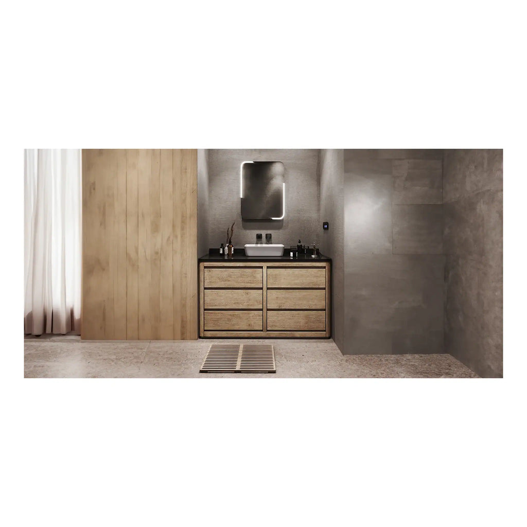 Sleek modern bathroom vanity with integrated sink and stylish mirror featuring LED lighting, set against textured grey walls and wooden accents, creating a minimalist and contemporary bathroom design.