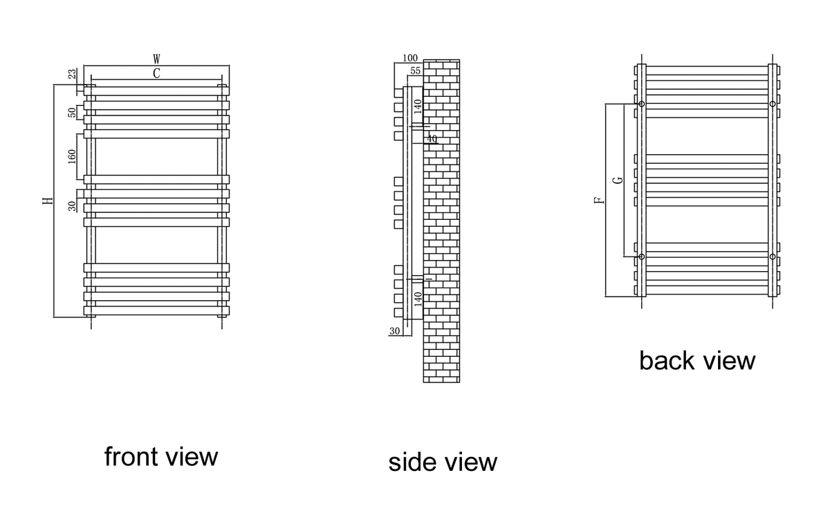 Reina Kale White Heated Towel Rail - technical drawing with dimensions