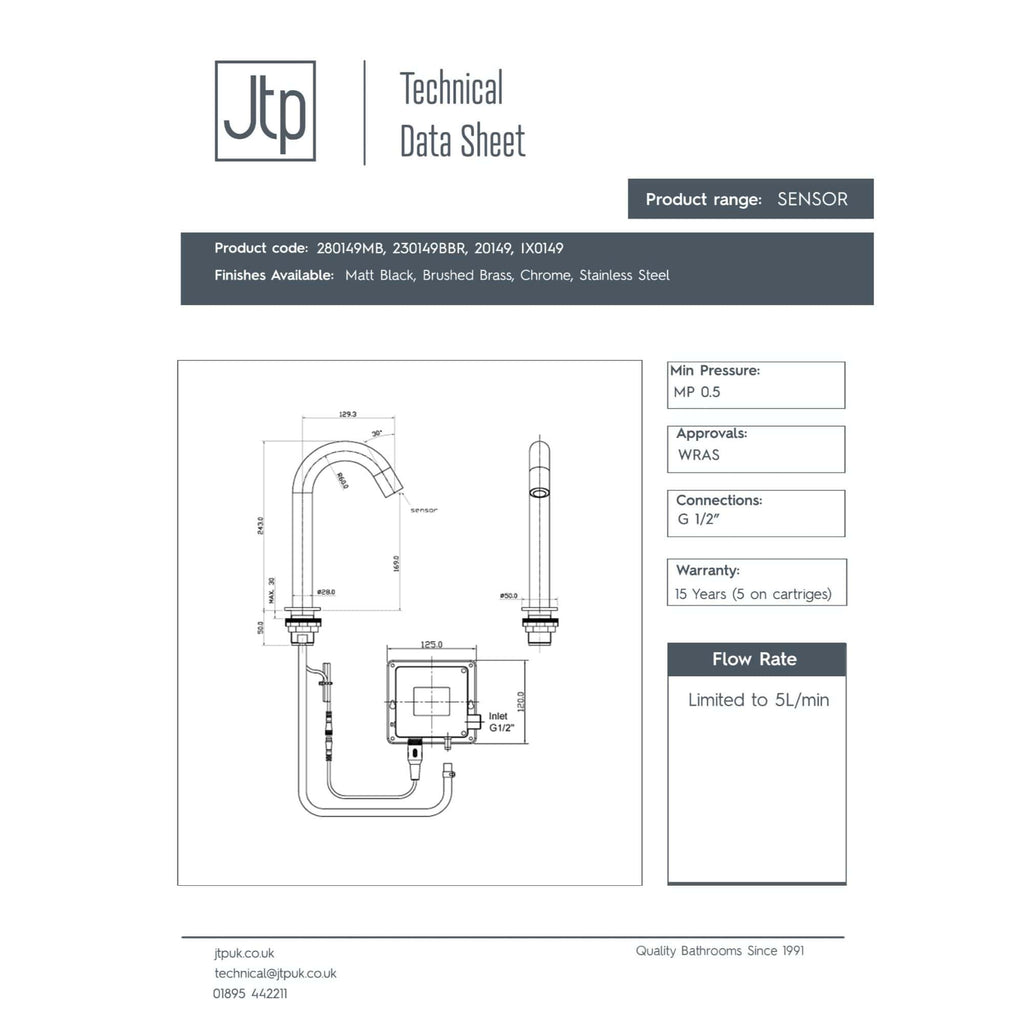 Sensor bathroom tap with elegant curved spout and brushed brass finish, suitable for modern bathrooms, includes technical specifications and installation details for high-quality bathroom fixtures.