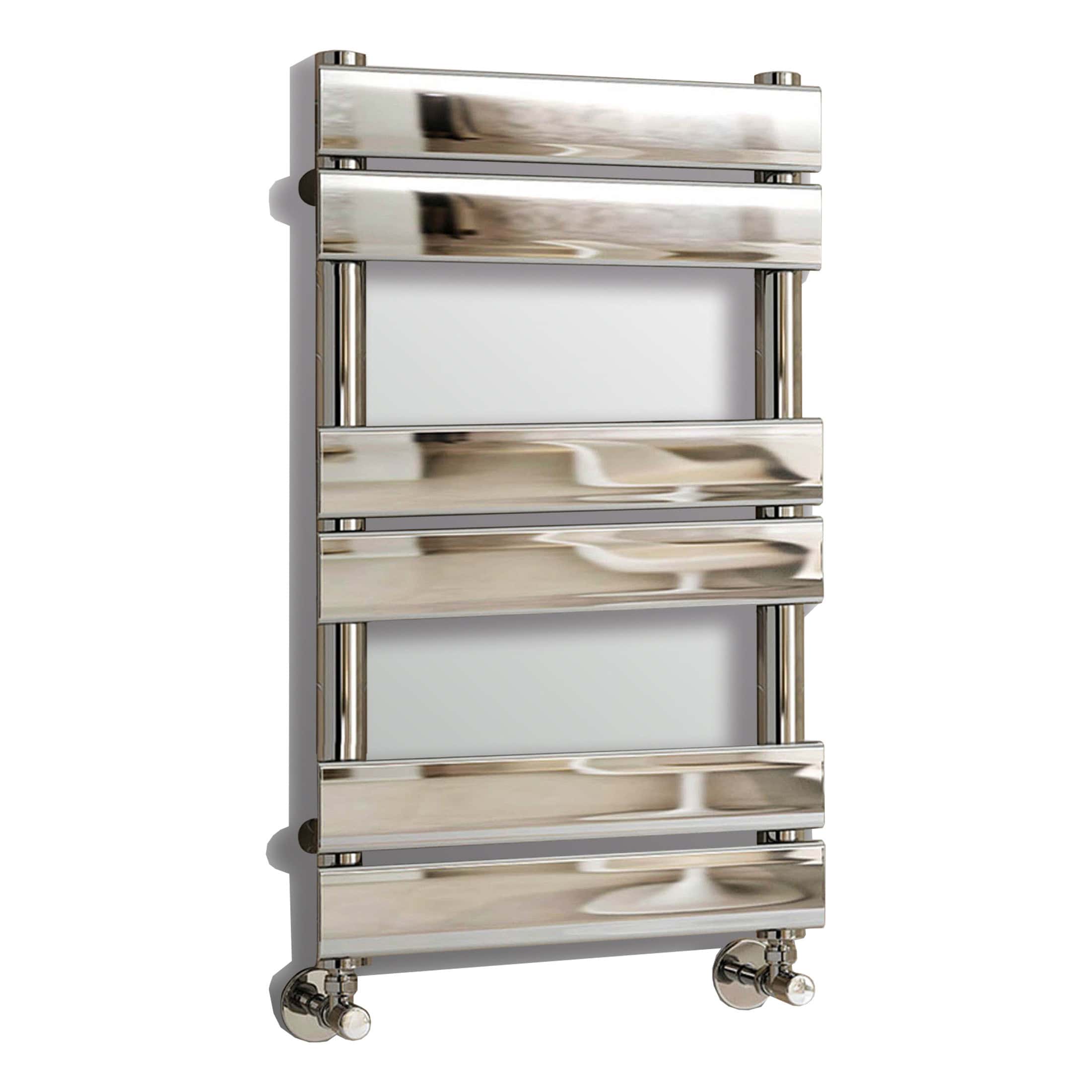 Shiny chrome bathroom towel radiator with multiple horizontal bars and castor wheels for easy mobility, ideal for modern bathroom decor and heating.