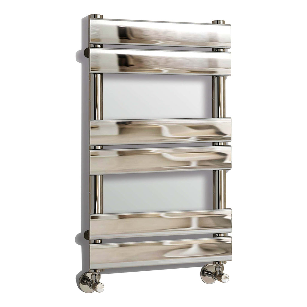 Shiny chrome bathroom towel radiator with multiple horizontal bars and castor wheels for easy mobility, ideal for modern bathroom decor and heating.
