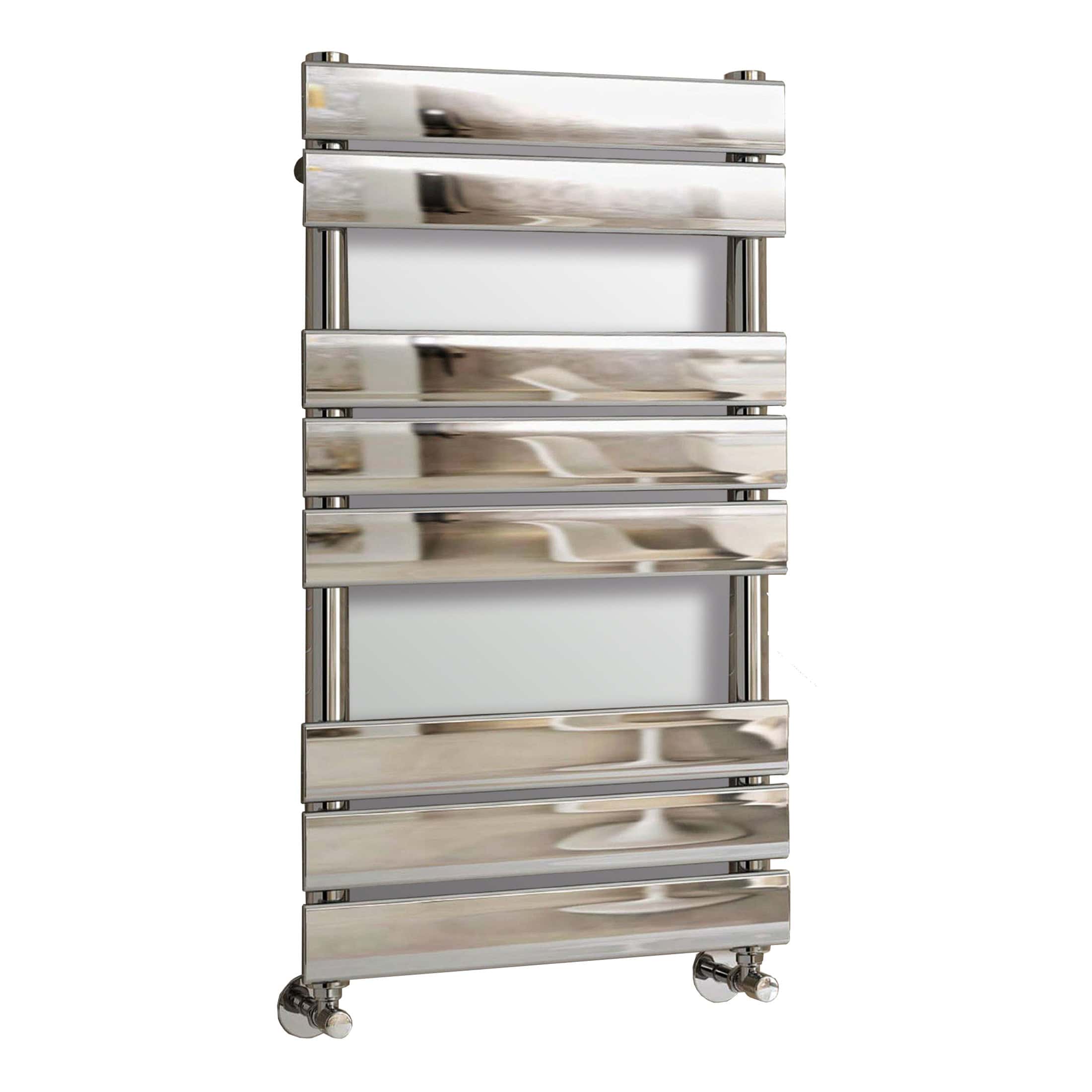 Shiny stainless steel towel radiator with multiple horizontal bars for modern bathroom heating and towel drying. Designed for contemporary bathroom decor and efficient warmth distribution.
