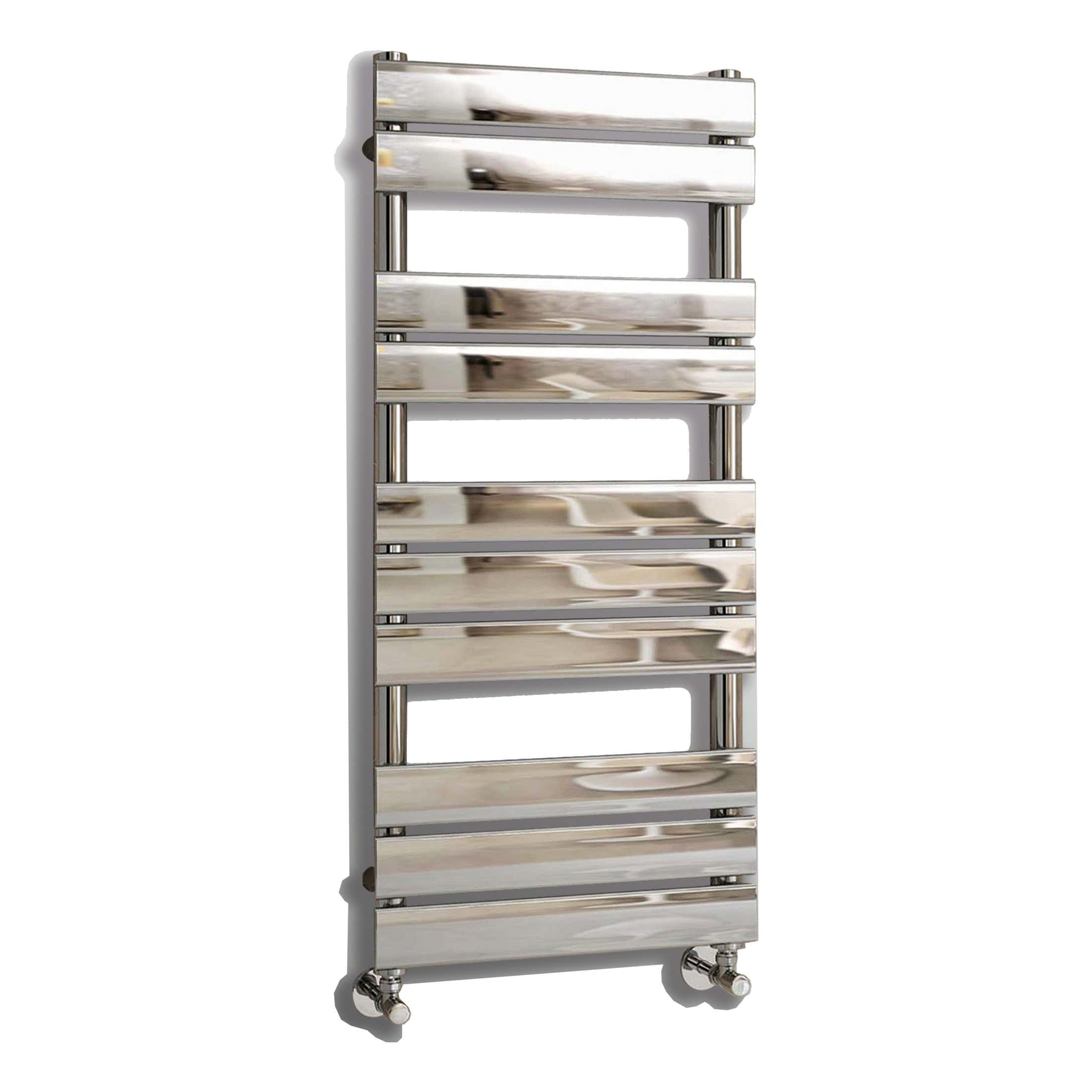 Polished chrome towel radiator for bathroom heating and decoration, with multiple horizontal bars, modern design, on caster wheels for easy mobility, part of Bubly Bathrooms' premium bathroom heating solutions.