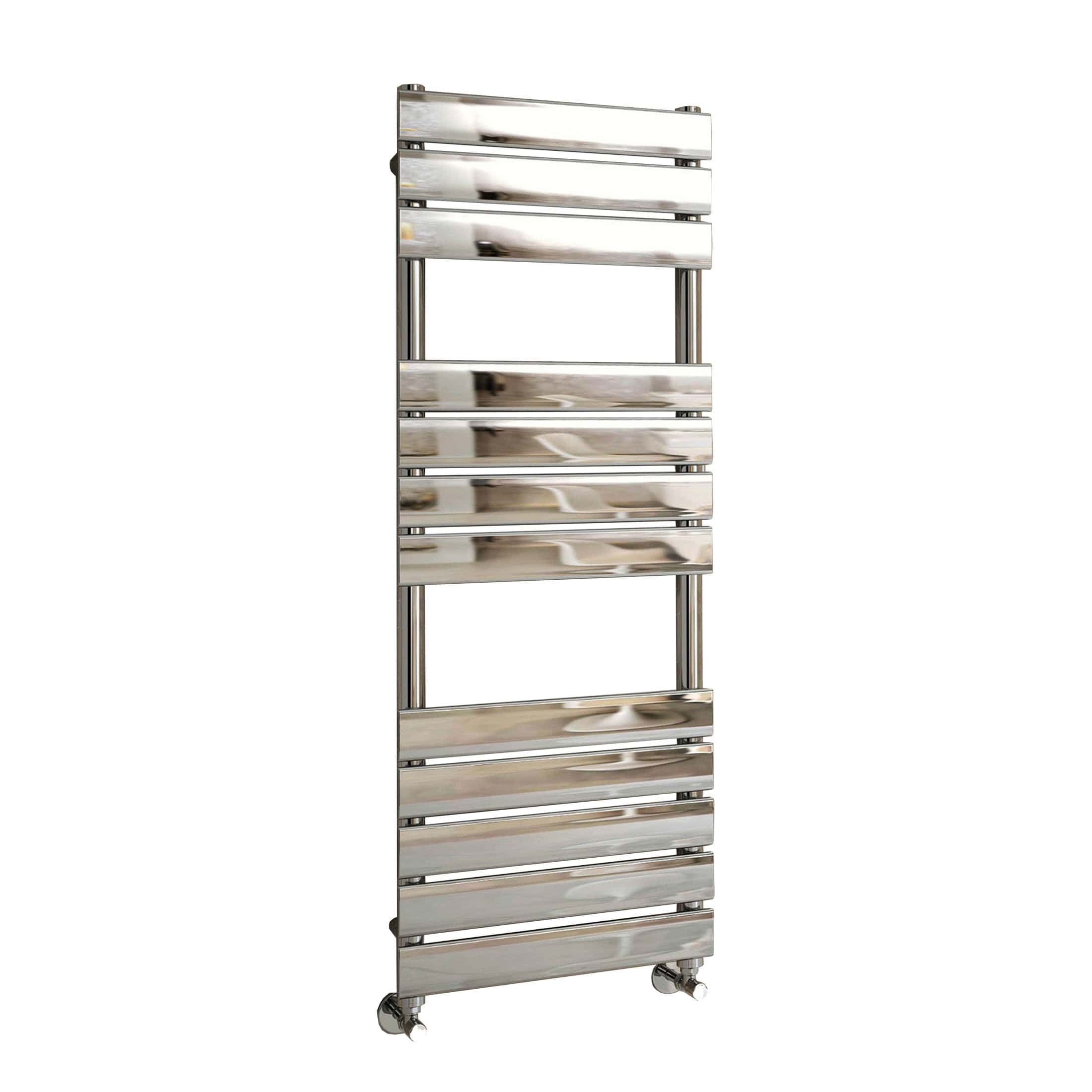 Shiny stainless steel heated towel rail with multiple horizontal bars, ideal for modern bathrooms for heating towels and adding contemporary style.