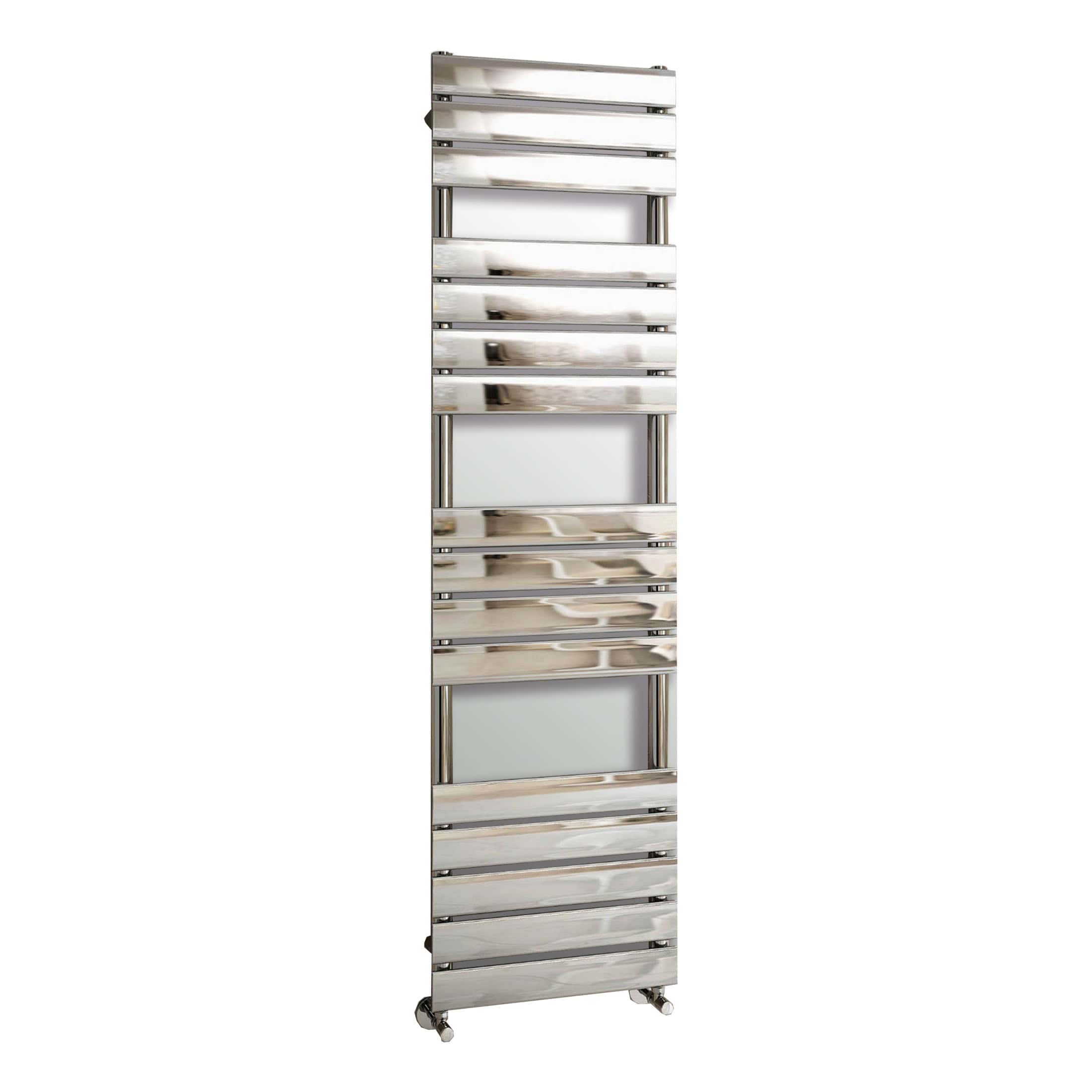 Shiny silver heated towel radiator with alternating horizontal bars, perfect for modern bathrooms and towel drying, available from Bubly Bathrooms in the UK.