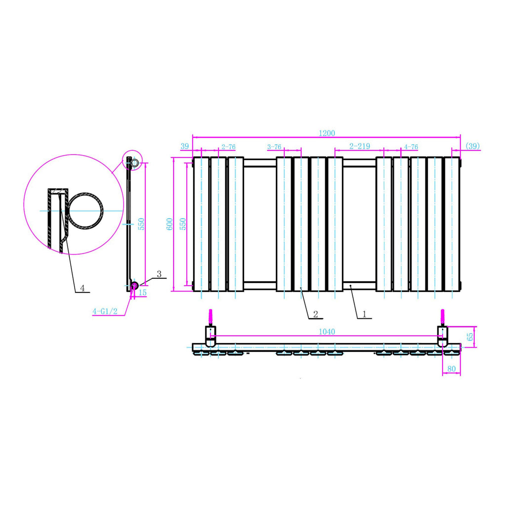 Highly detailed bathroom radiator design blueprint featuring precise measurements and technical specifications for installation and manufacturing.