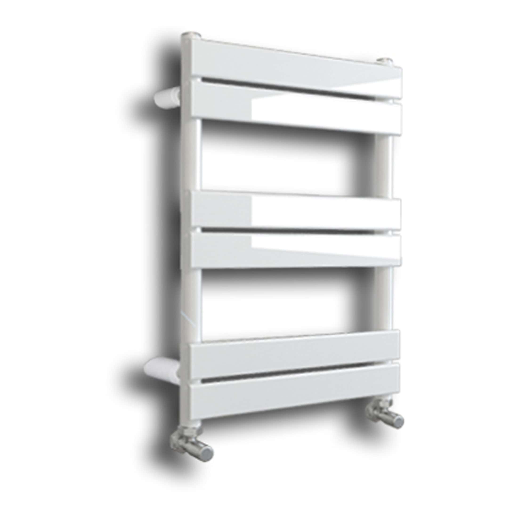 Contemporary white heated towel rail radiator for bathrooms, featuring horizontal bars, sleek design, and wall-mounted installation for efficient heating and towel drying.