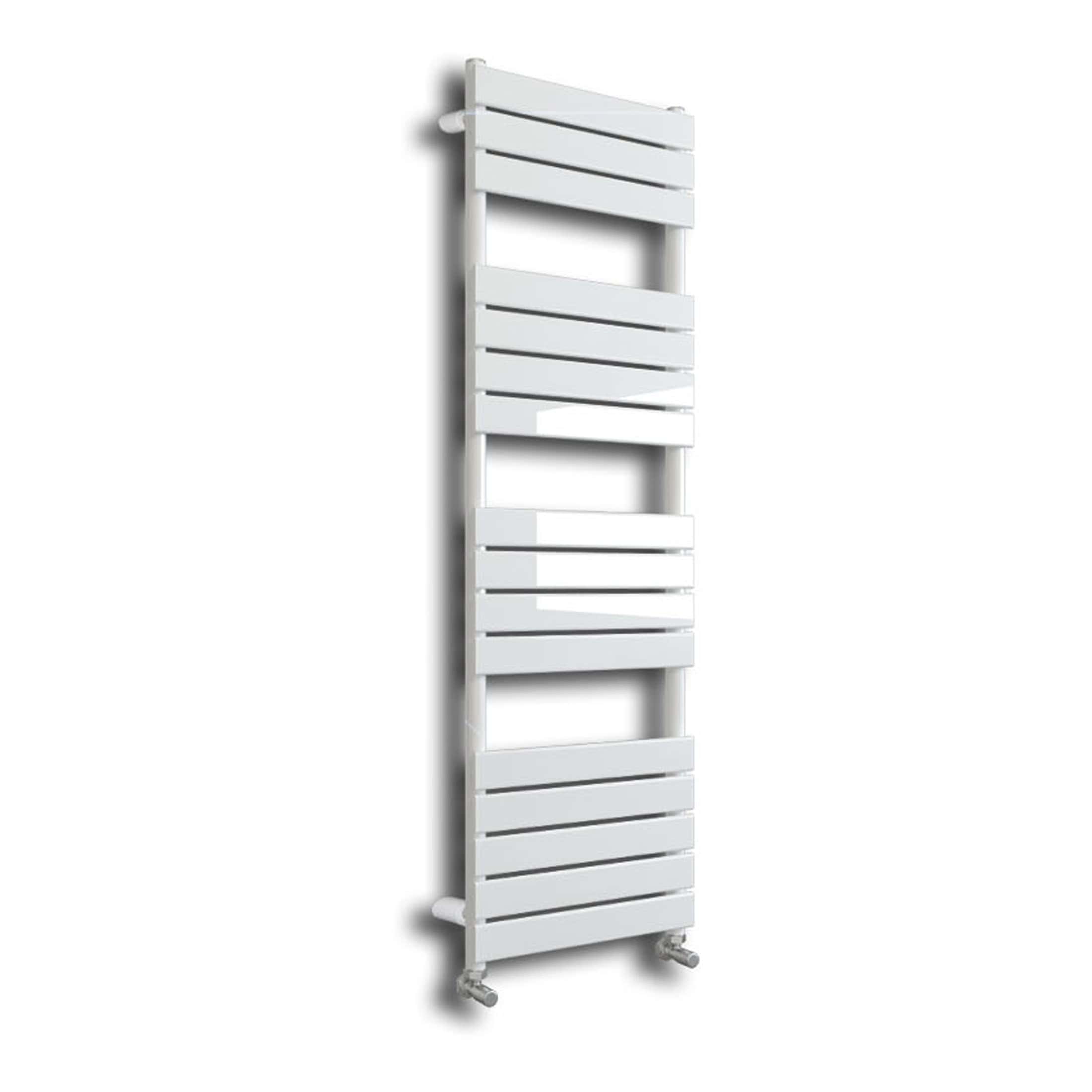 Metal heated towel rail in white, ideal for modern bathrooms, featuring horizontal bars for comfortable towel drying and heating. Suitable for contemporary Bubly bathrooms.