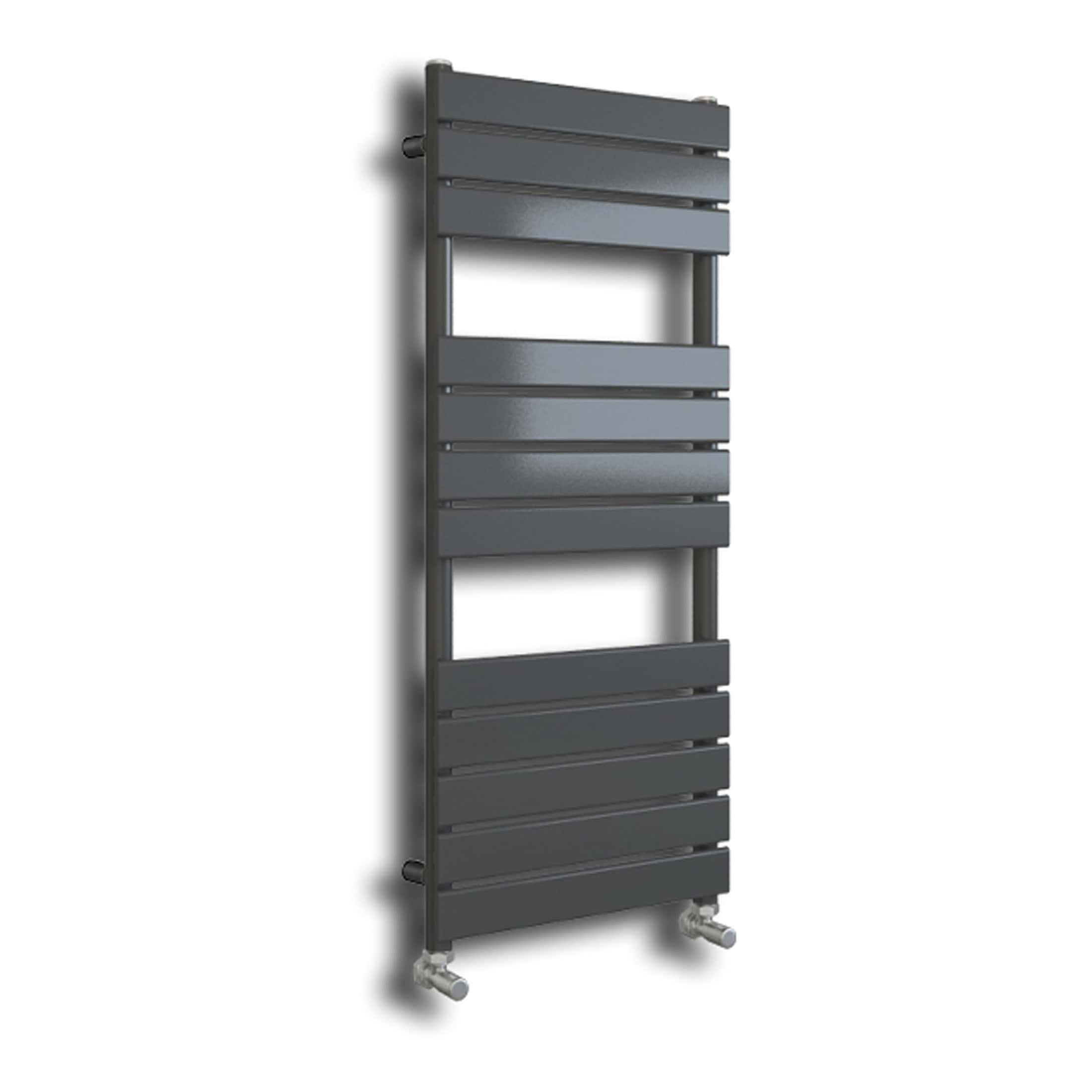 Modern grey towel radiator with horizontal bars, ideal for heating bathrooms and drying towels, designed for contemporary bathroom interiors.