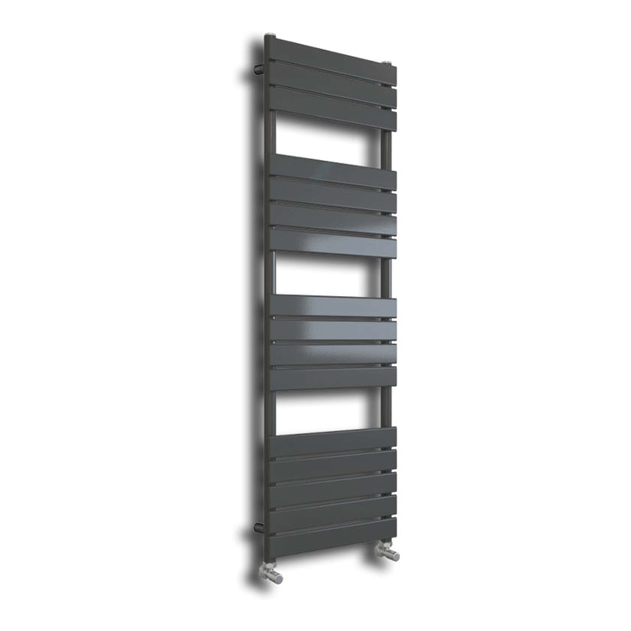 Vertical grey heated towel radiator with multiple horizontal bars for bathroom warmth and towel drying, mounted on a white background.