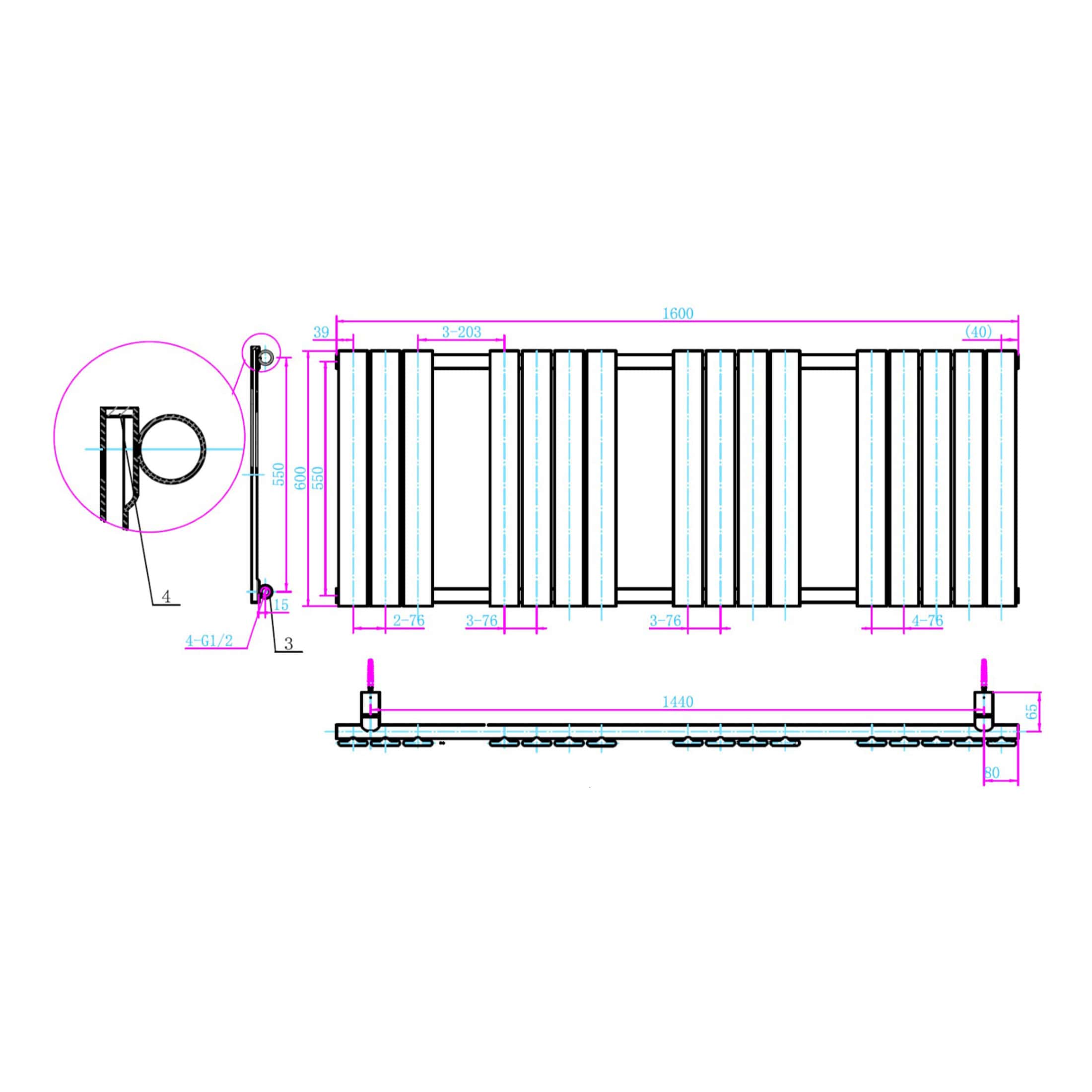Extended technical drawing of a modern bathroom radiator with precise measurements, installation details, and piping specifications, showcasing high-quality heating solutions for stylish bathroom designs.