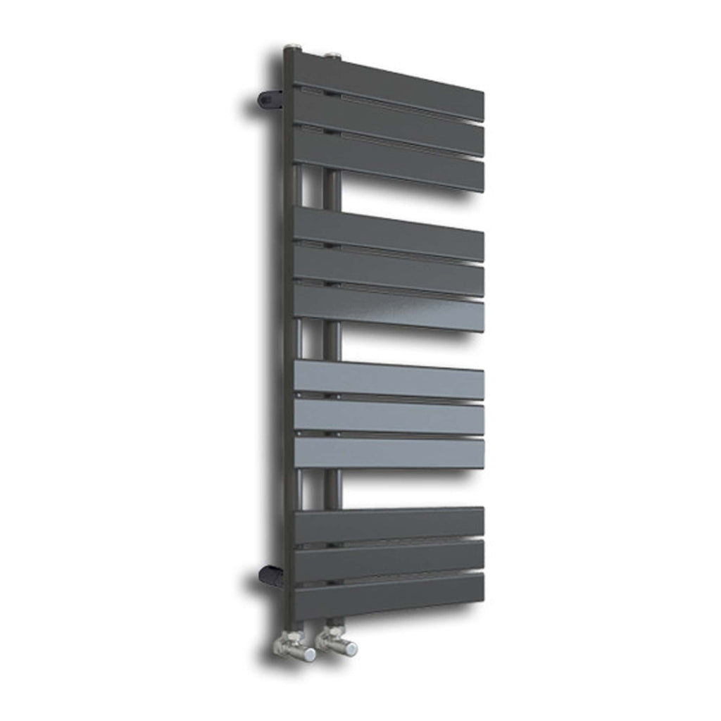 Modern grey radiator towel rail for bathroom heating and towel drying, featuring horizontal bars and durable construction, ideal for contemporary bathroom designs.