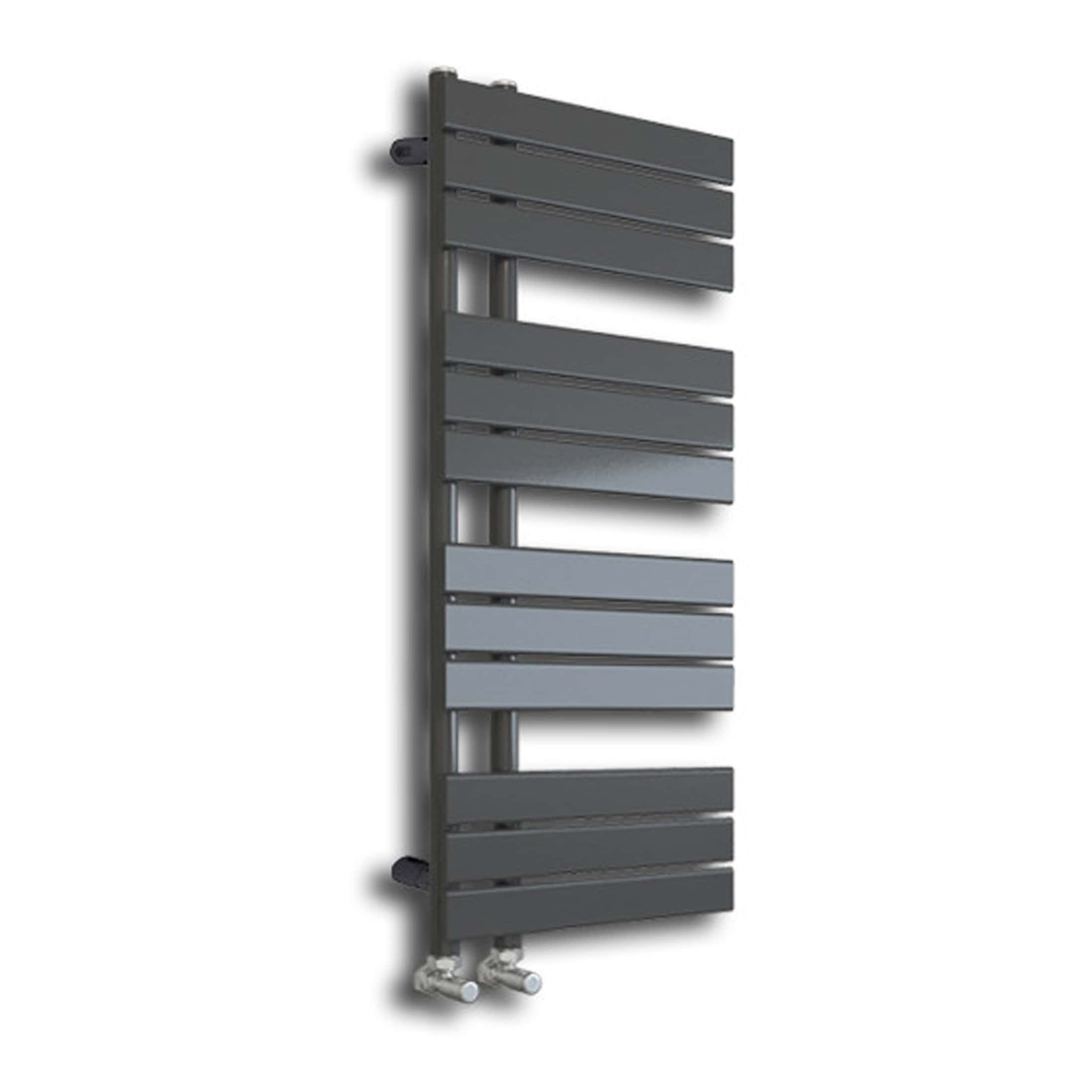 Modern grey radiator towel rail for bathroom heating and towel drying, featuring horizontal bars and durable construction, ideal for contemporary bathroom designs.