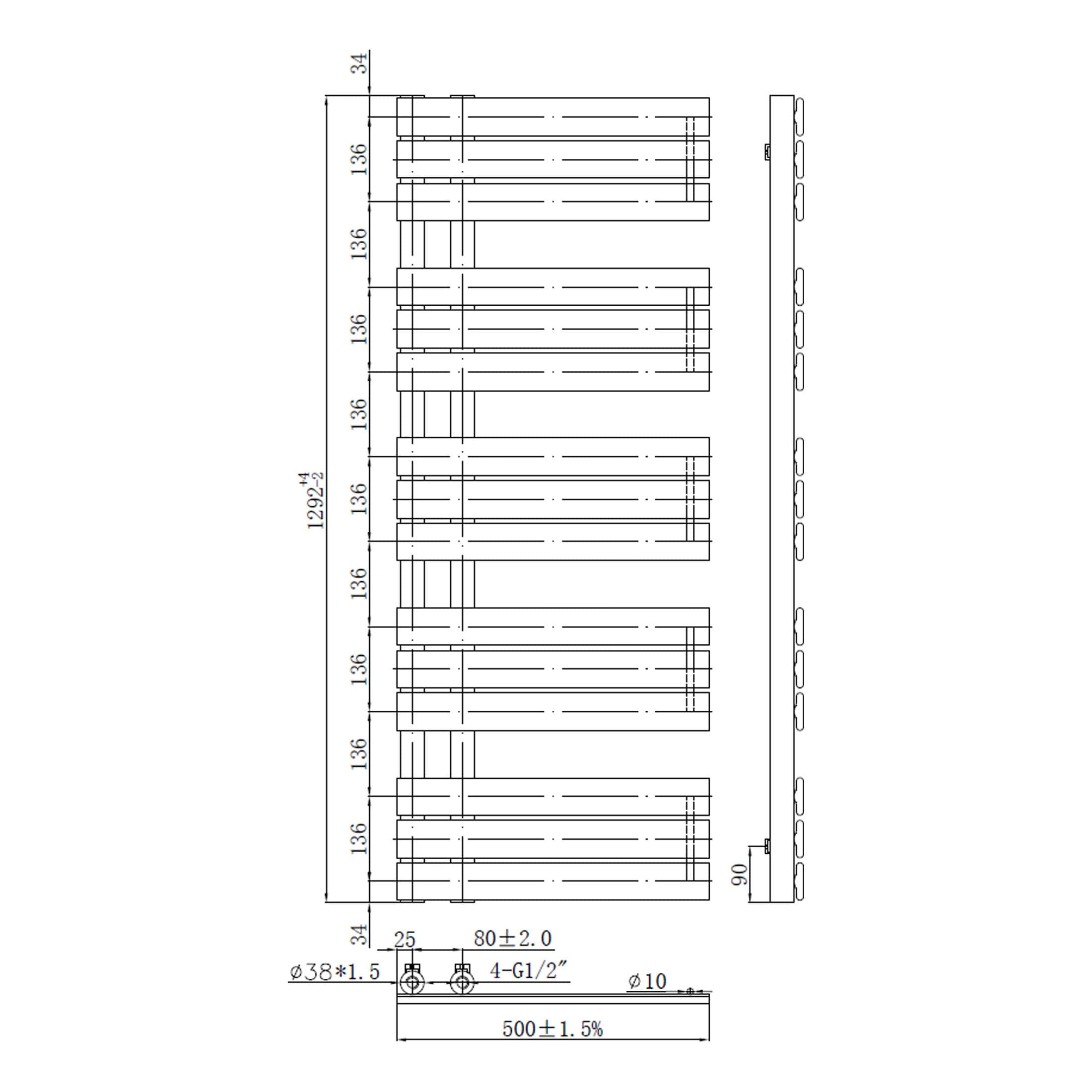 High-quality modern radiator design for bathroom heating by Bubly Bathrooms, featuring detailed technical specifications and measurements for optimal bathroom heater installation.
