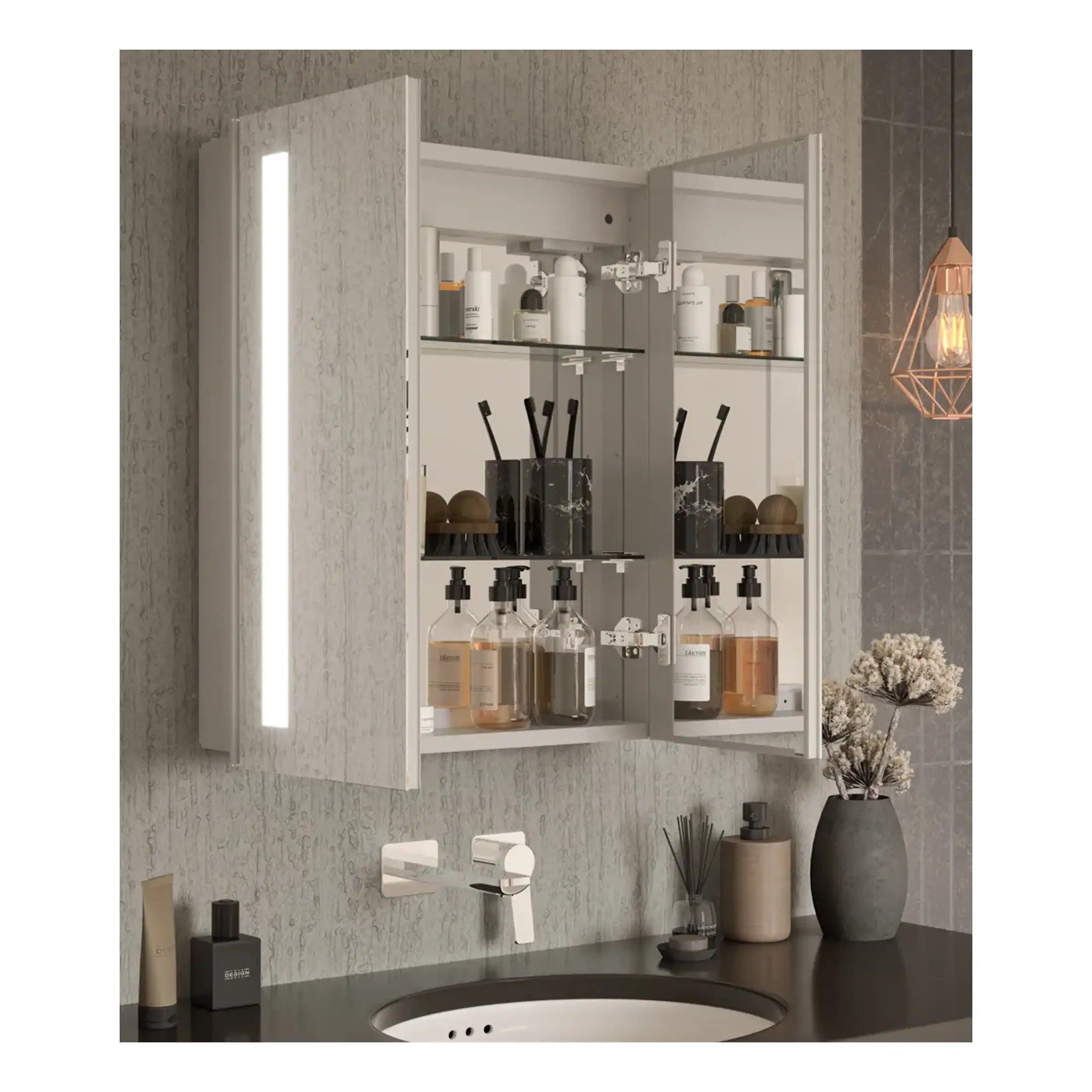 Sleek modern bathroom cabinet with mirrored doors, internal shelves for toiletries, and a minimalist design, perfect for stylish bathroom storage solutions.