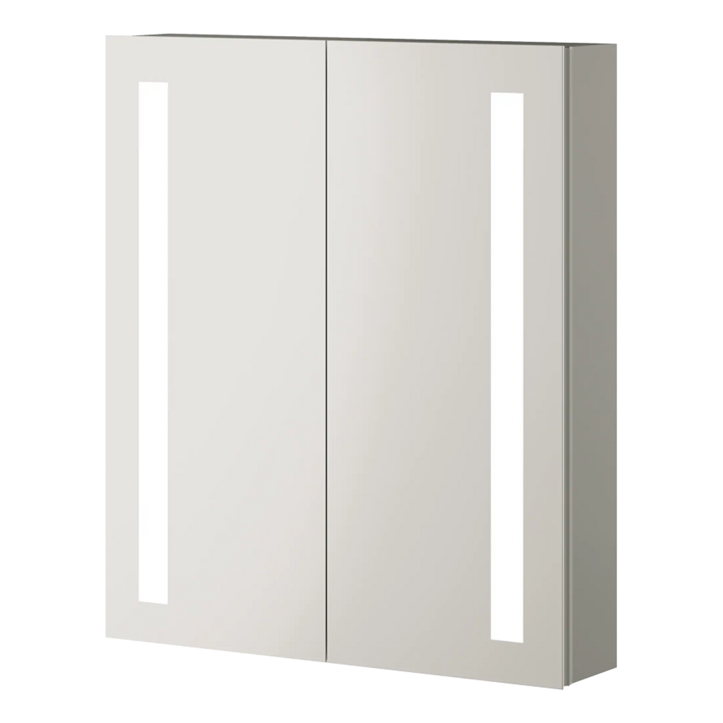 Sleek white bathroom storage cabinet with modern vertical LED lighting strips, ideal for contemporary bathrooms, providing stylish organisation and functional lighting.