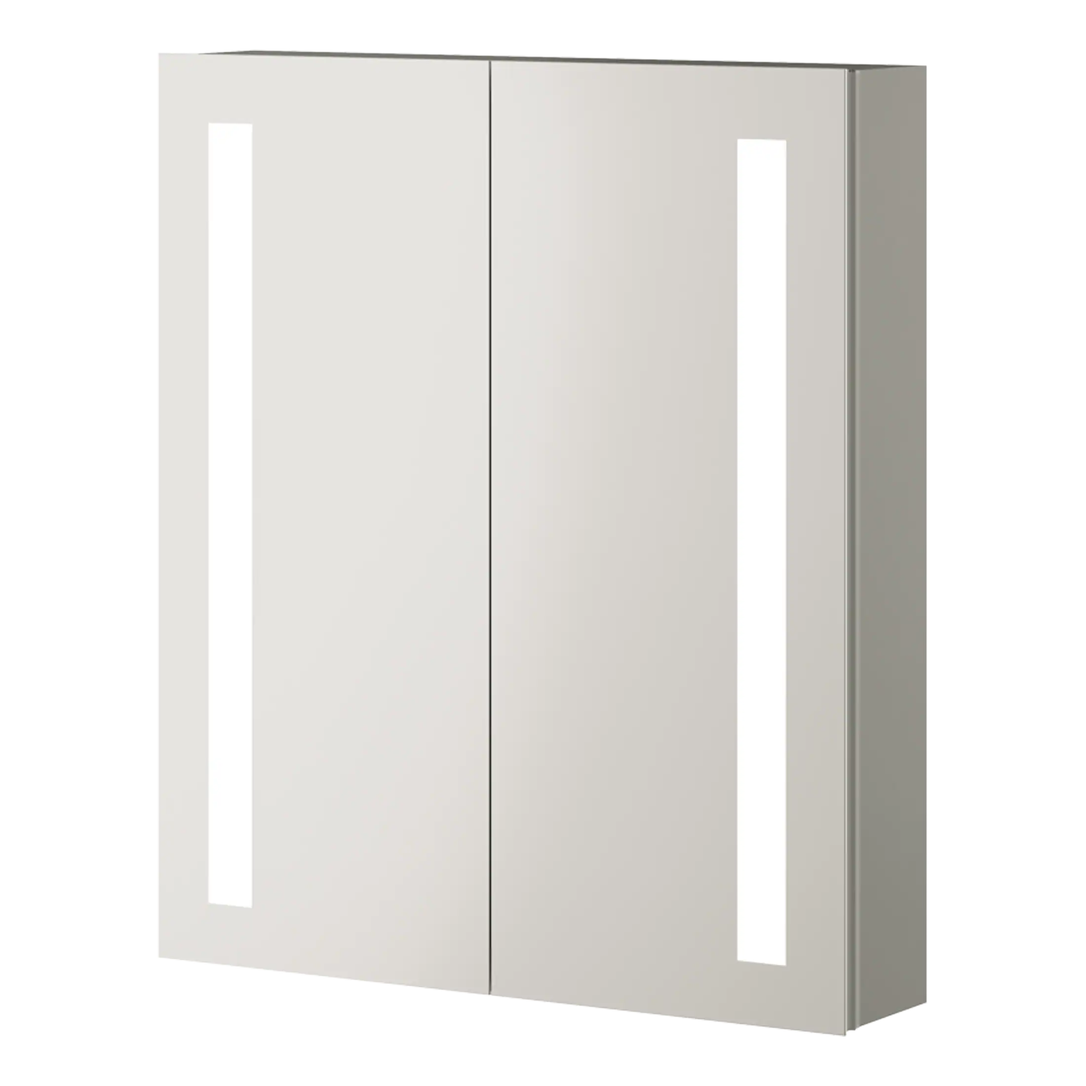 Sleek white bathroom storage cabinet with modern vertical LED lighting strips, ideal for contemporary bathrooms, providing stylish organisation and functional lighting.