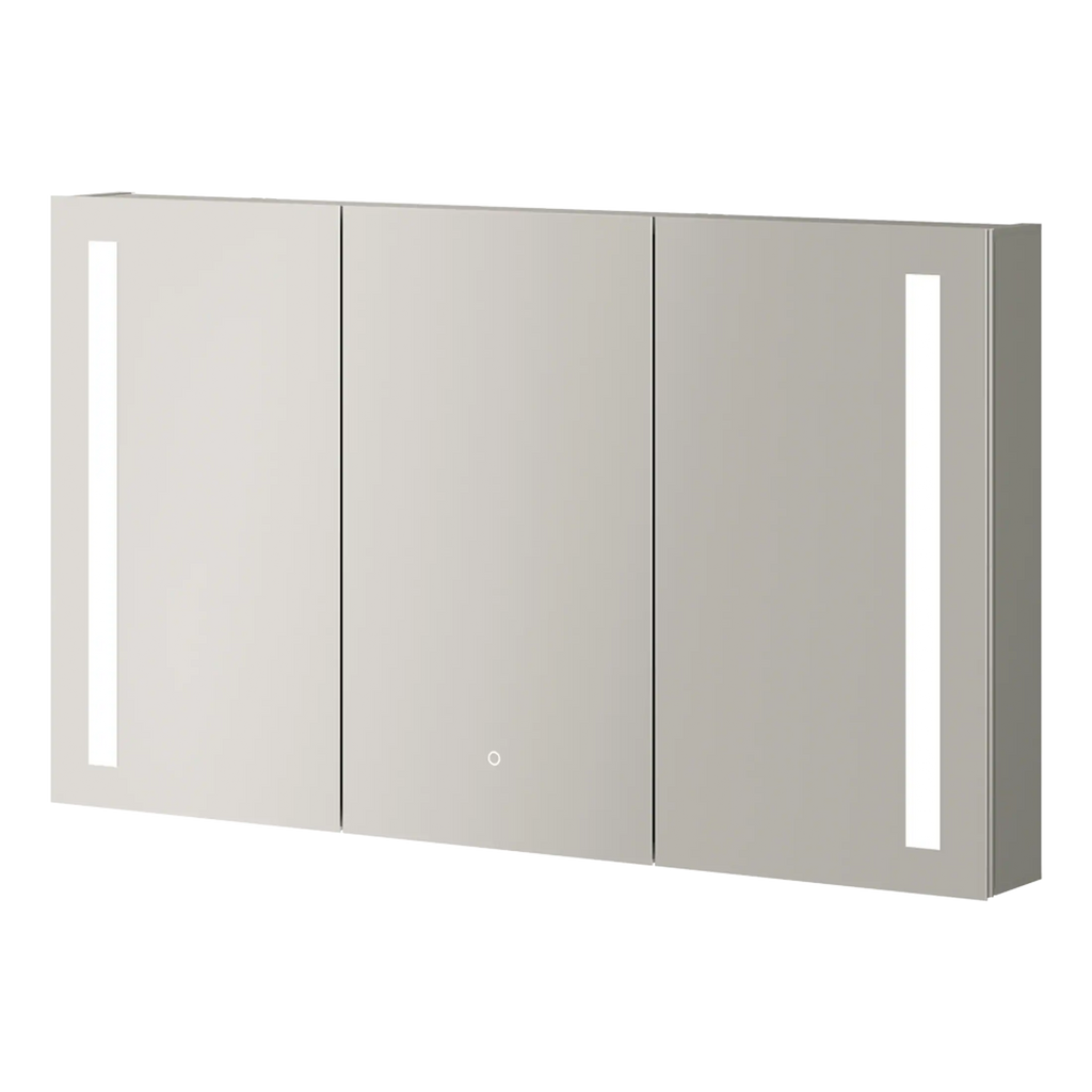 Sleek grey bathroom cabinet with integrated lighting and modern design, ideal for contemporary bathrooms, offering storage and style. Perfect for enhancing bathroom organisation and aesthetics.