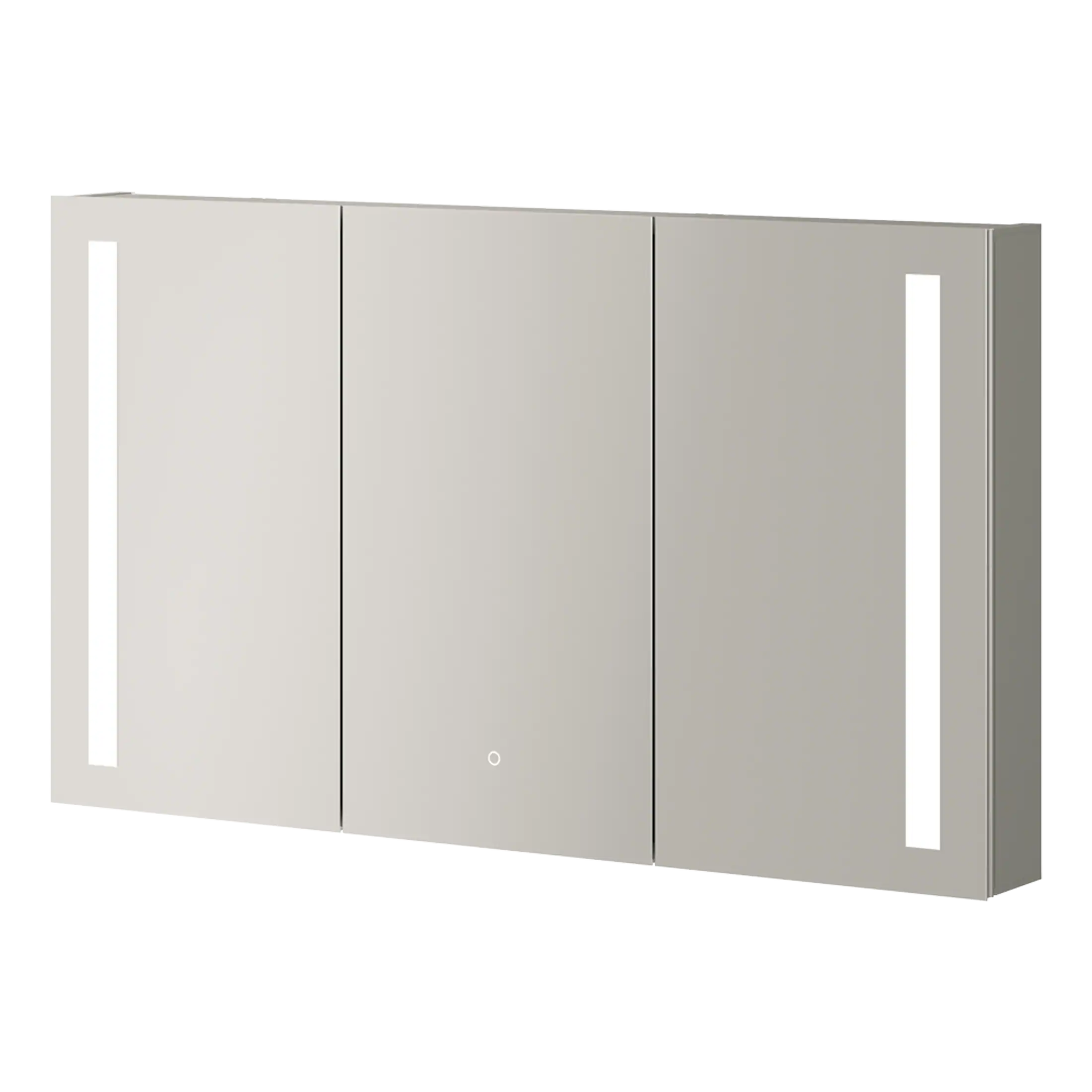 Sleek grey bathroom cabinet with integrated lighting and modern design, ideal for contemporary bathrooms, offering storage and style. Perfect for enhancing bathroom organisation and aesthetics.