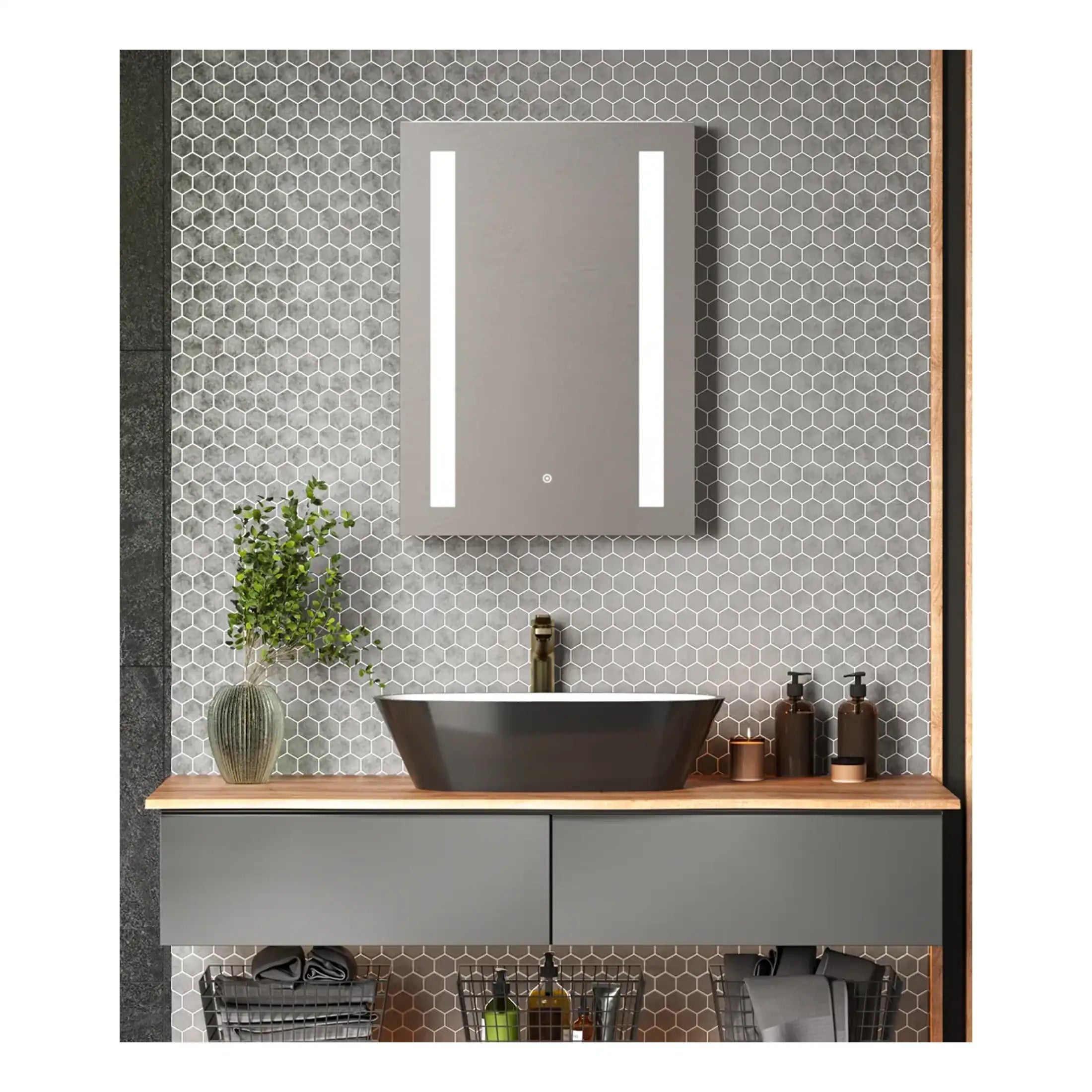 Modern grey bathroom vanity with a sleek vessel sink, illuminated mirror, and stylish accessories, featuring contemporary design elements by Bubly Bathrooms.