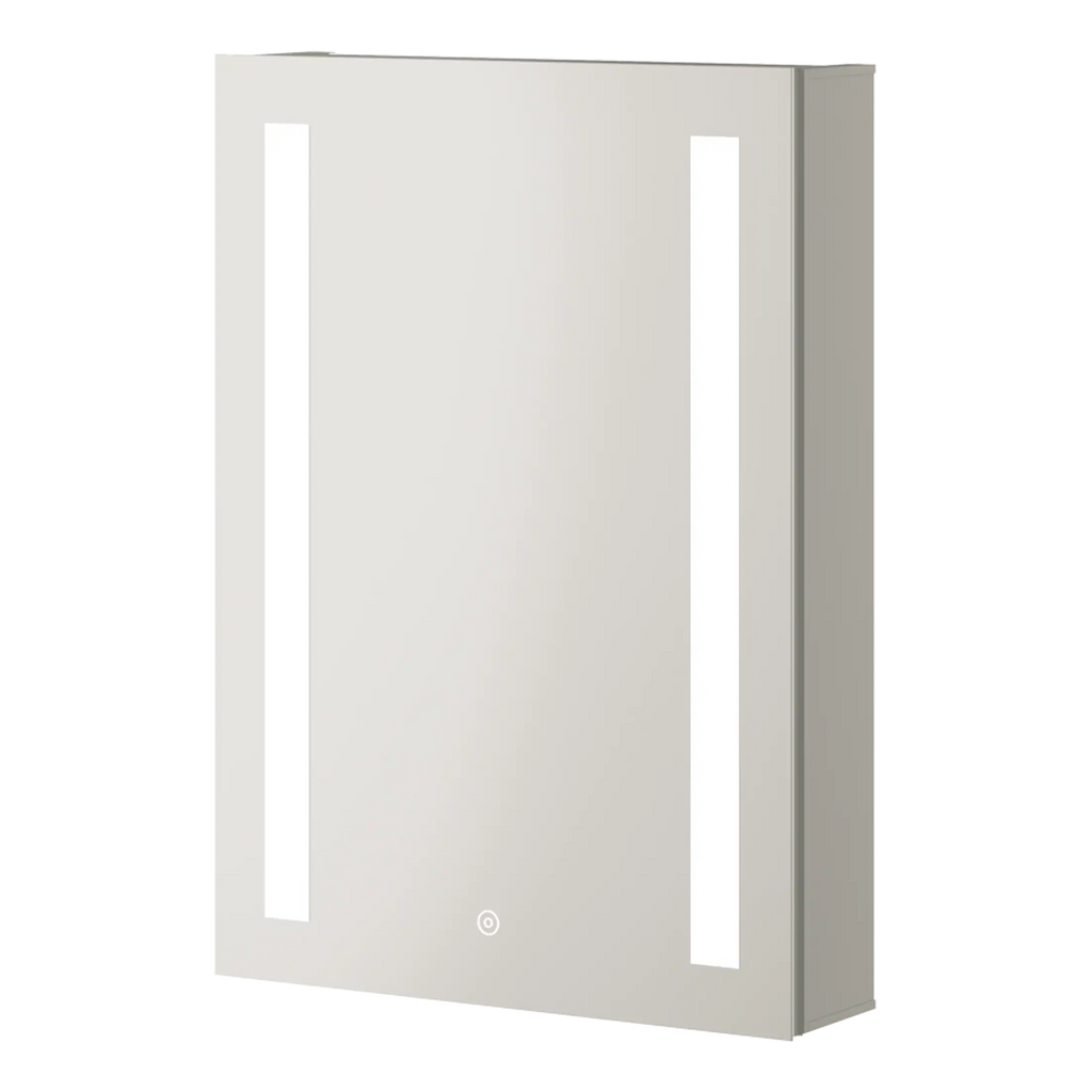 Stylish white bathroom mirror cabinet with LED lighting and sleek modern design, perfect for enhancing bathroom storage and aesthetics.